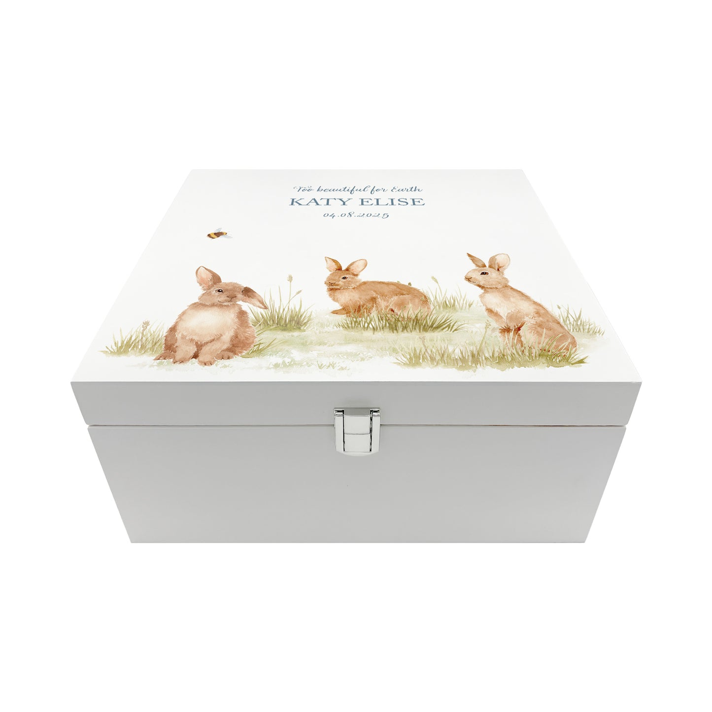 White Square personalised Wooden box with a decorative lid featuring illustrations Baby Bunnies Perfect funeral memory keepsake box, for storing ashes, order of service, flowers and coping with baby loss capturing your loved ones things in one place. 