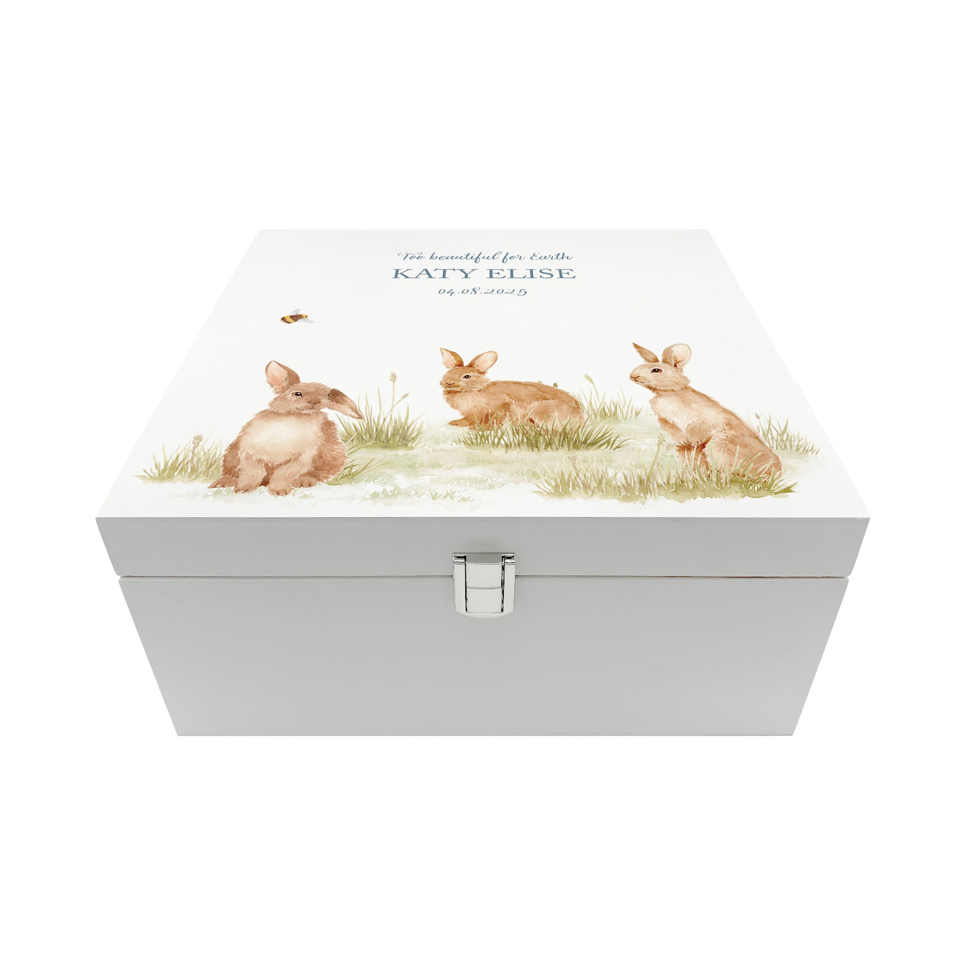 White Square personalised Wooden box with a decorative lid featuring illustrations Baby Bunnies Perfect funeral memory keepsake box, for storing ashes, order of service, flowers and coping with baby loss capturing your loved ones things in one place. 