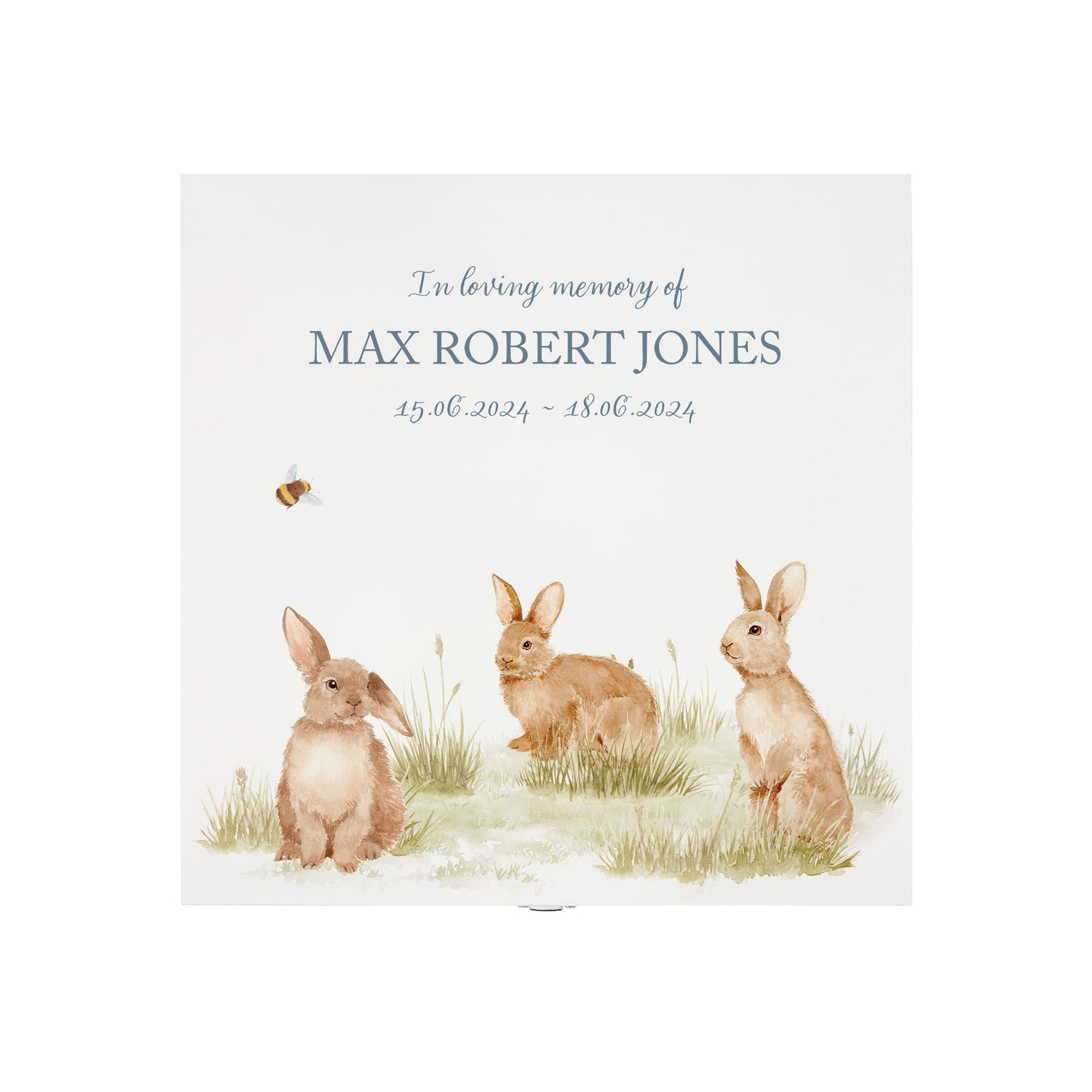 White Square personalised Wooden box with a decorative lid featuring illustrations Baby Bunnies Perfect funeral memory keepsake box, for storing ashes, order of service, flowers and coping with baby loss capturing your loved ones things in one place. 