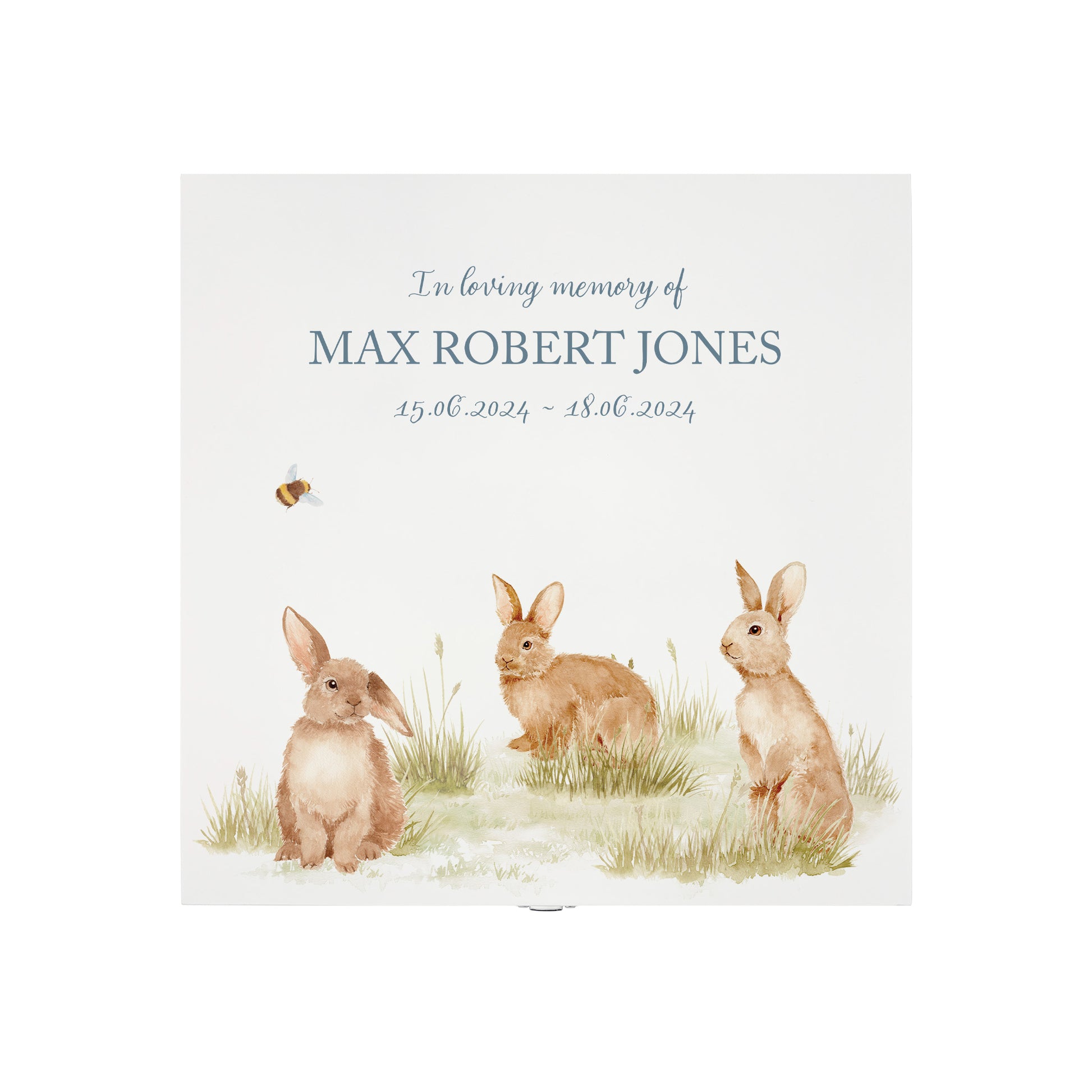 White Square personalised Wooden box with a decorative lid featuring illustrations Baby Bunnies Perfect funeral memory keepsake box, for storing ashes, order of service, flowers and coping with baby loss capturing your loved ones things in one place. 