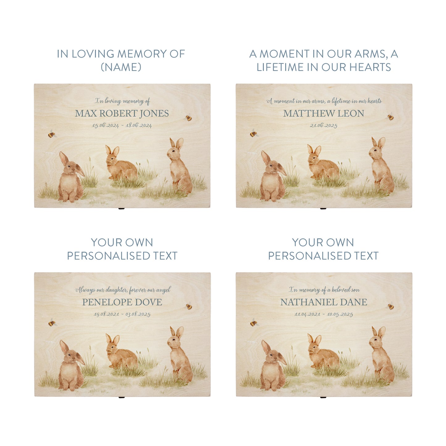 Wooden box with a decorative lid featuring illustrations Baby bunnies Perfect funeral memory keepsake box, for storing ashes, order of service, flowers and coping with baby loss capturing your loved ones things in one place 