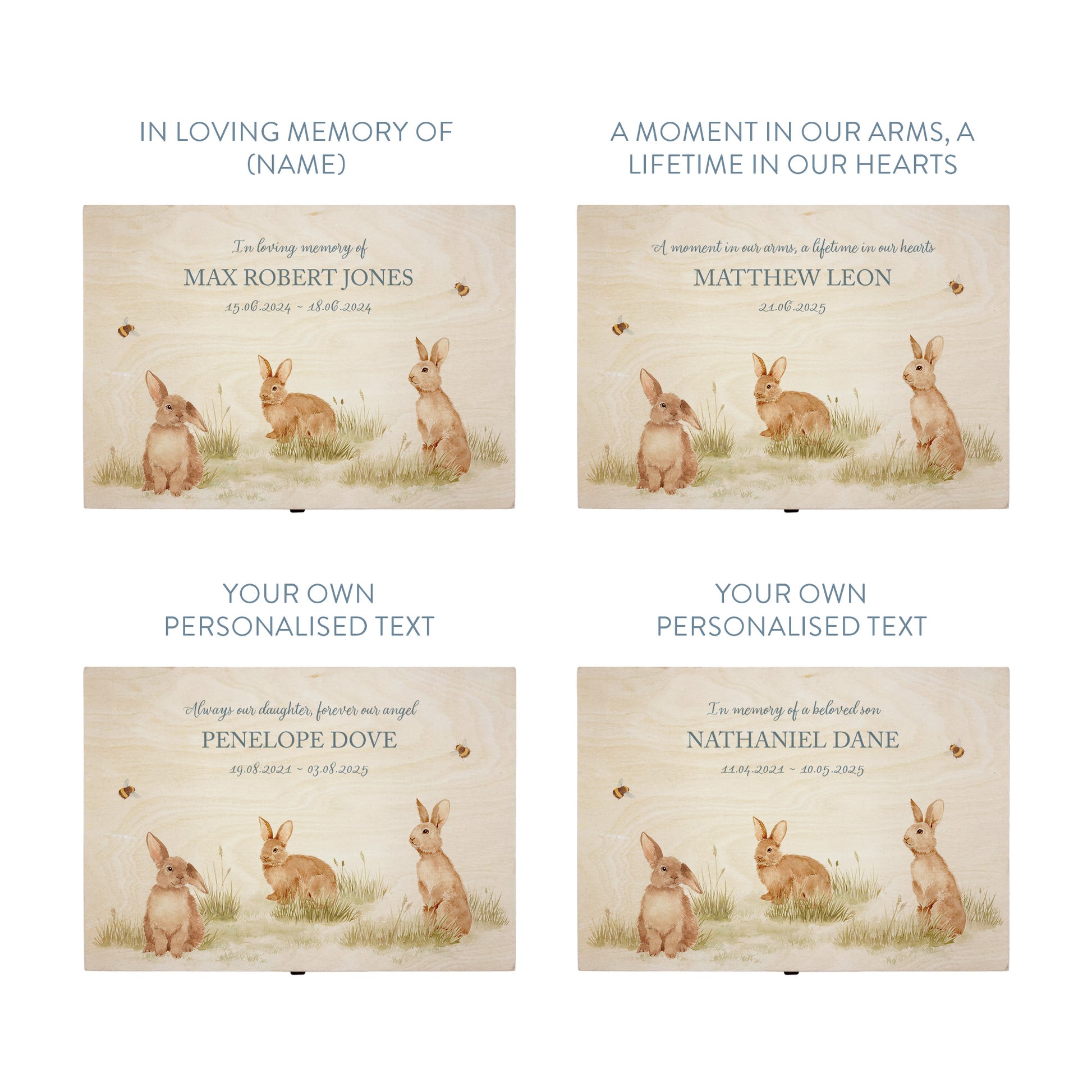 Wooden box with a decorative lid featuring illustrations Baby bunnies Perfect funeral memory keepsake box, for storing ashes, order of service, flowers and coping with baby loss capturing your loved ones things in one place 
