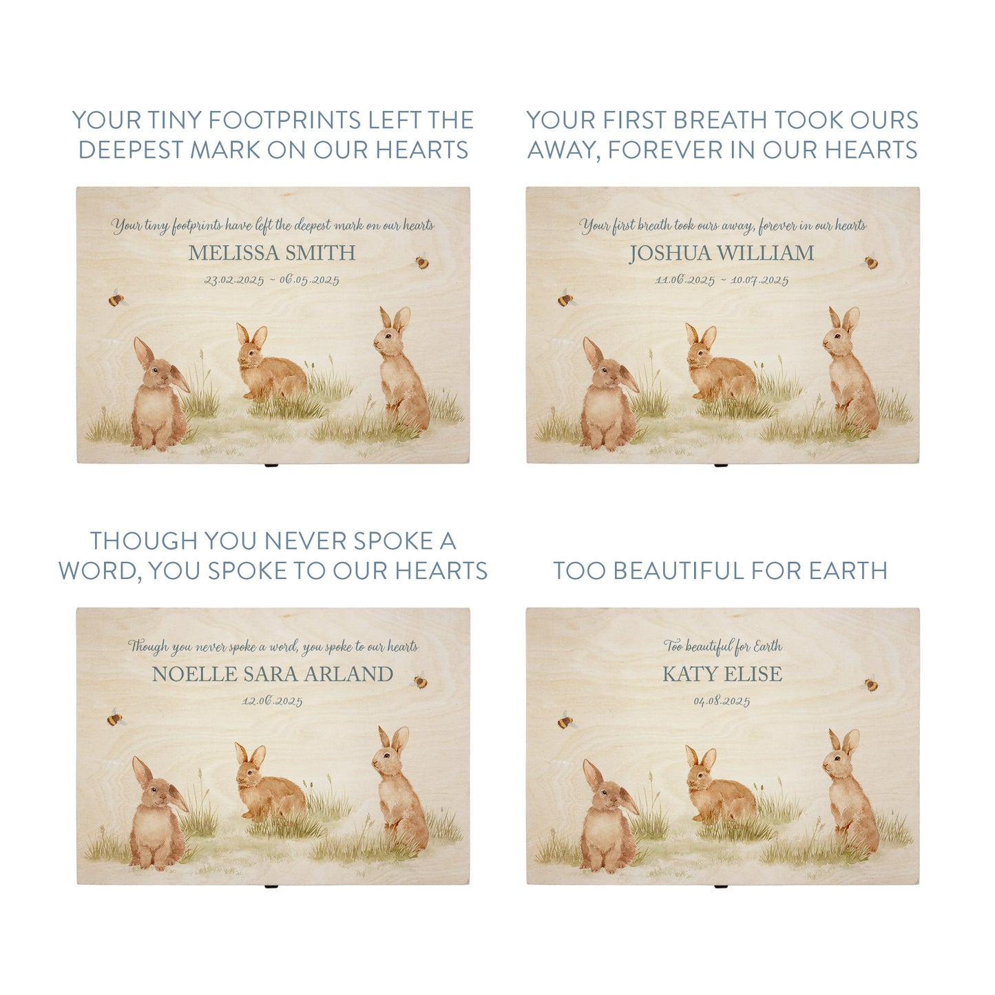 Wooden box with a decorative lid featuring illustrations Baby bunnies Perfect funeral memory keepsake box, for storing ashes, order of service, flowers and coping with baby loss capturing your loved ones things in one place 