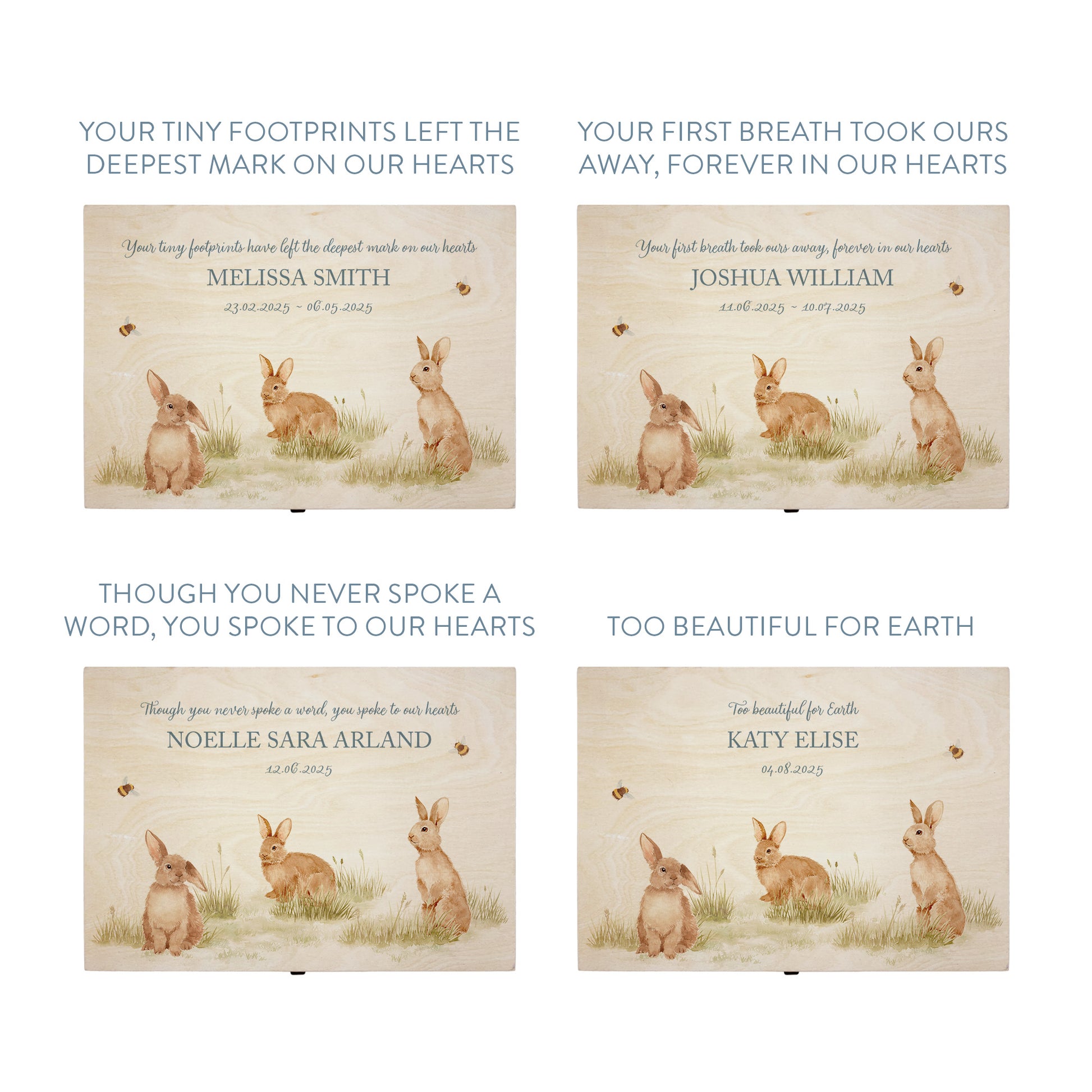 Wooden box with a decorative lid featuring illustrations Baby bunnies Perfect funeral memory keepsake box, for storing ashes, order of service, flowers and coping with baby loss capturing your loved ones things in one place 