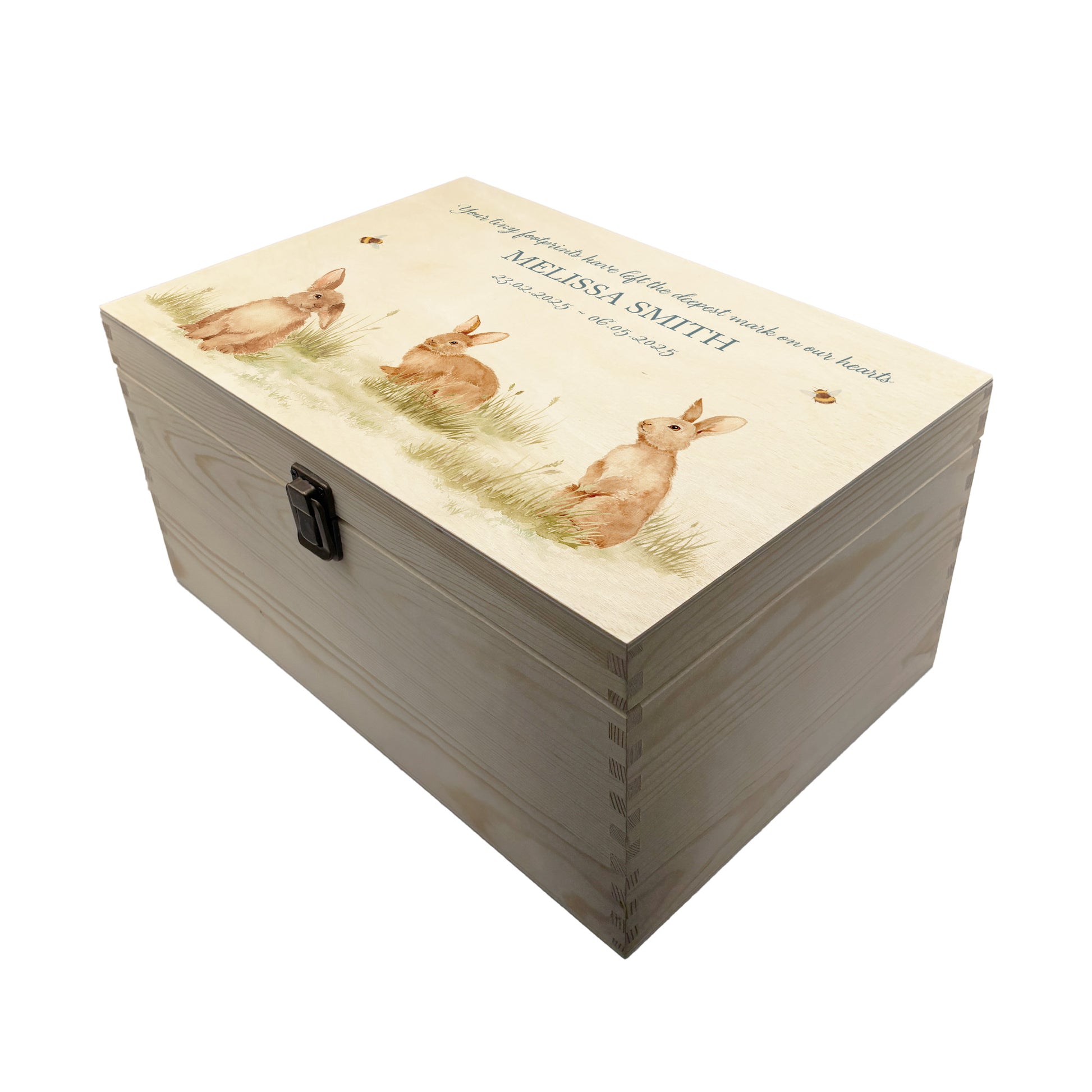 Wooden box with a decorative lid featuring illustrations Baby bunnies Perfect funeral memory keepsake box, for storing ashes, order of service, flowers and coping with baby loss capturing your loved ones things in one place 