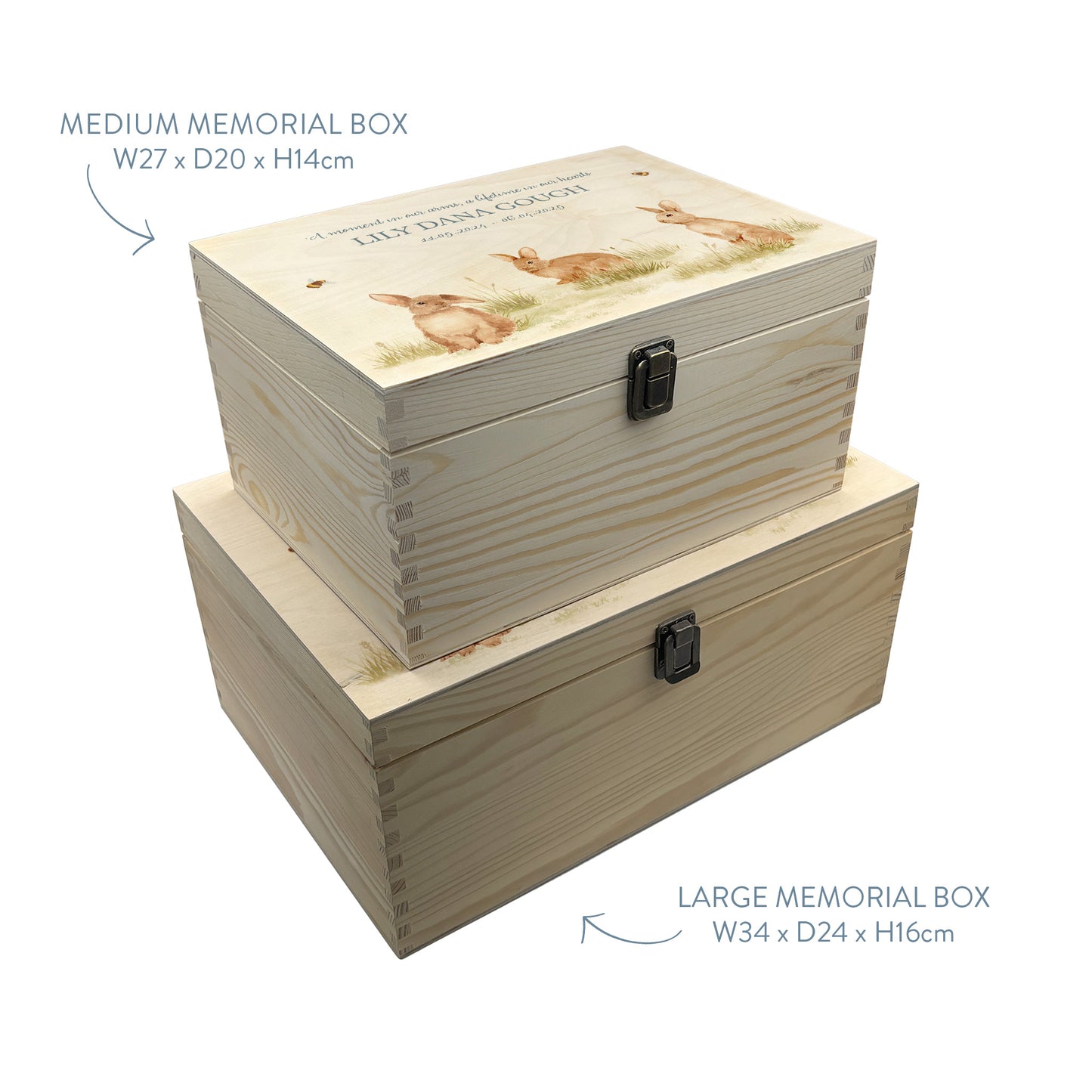Wooden box with a decorative lid featuring illustrations Baby bunnies Perfect funeral memory keepsake box, for storing ashes, order of service, flowers and coping with baby loss capturing your loved ones things in one place 