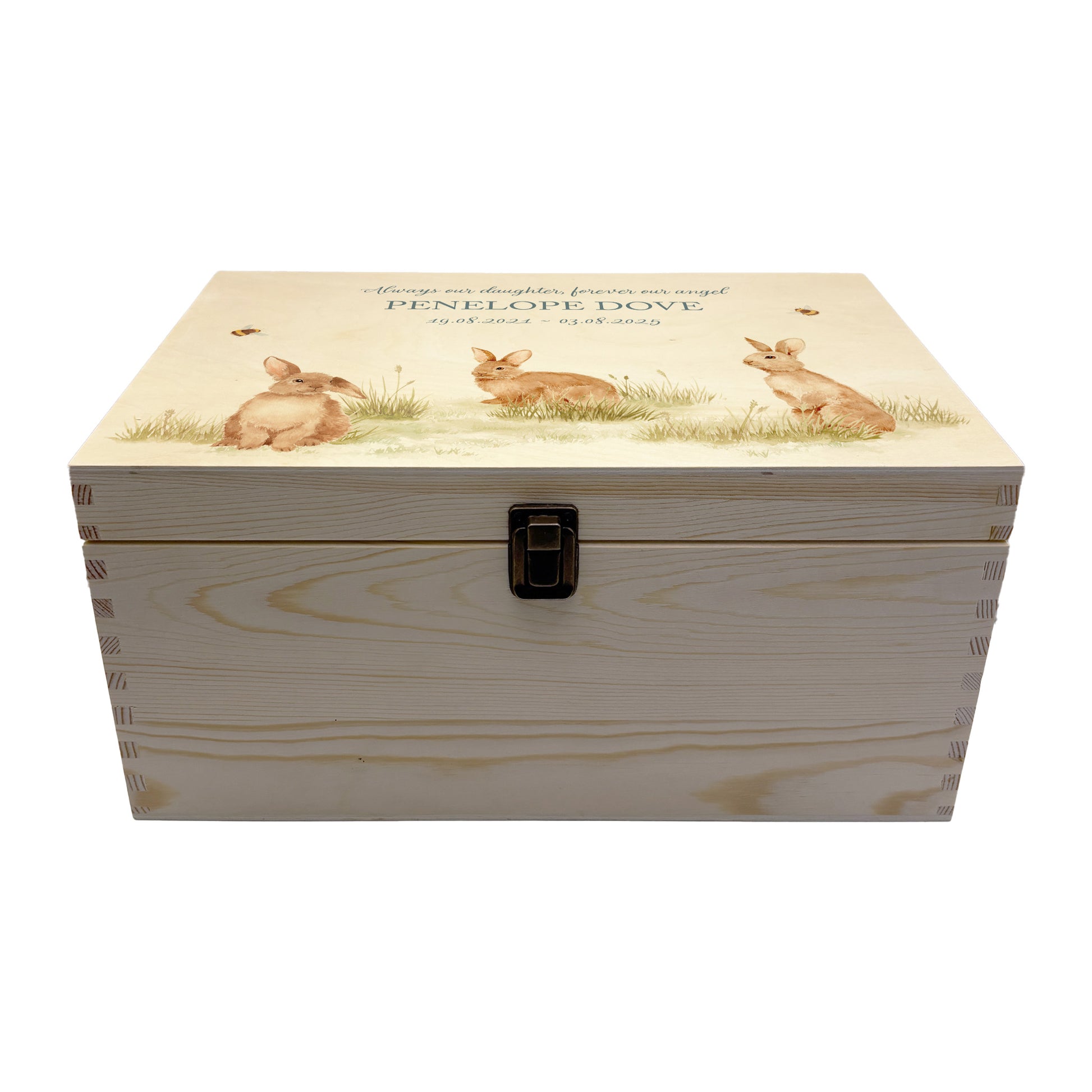 Wooden box with a decorative lid featuring illustrations Baby bunnies Perfect funeral memory keepsake box, for storing ashes, order of service, flowers and coping with baby loss capturing your loved ones things in one place 