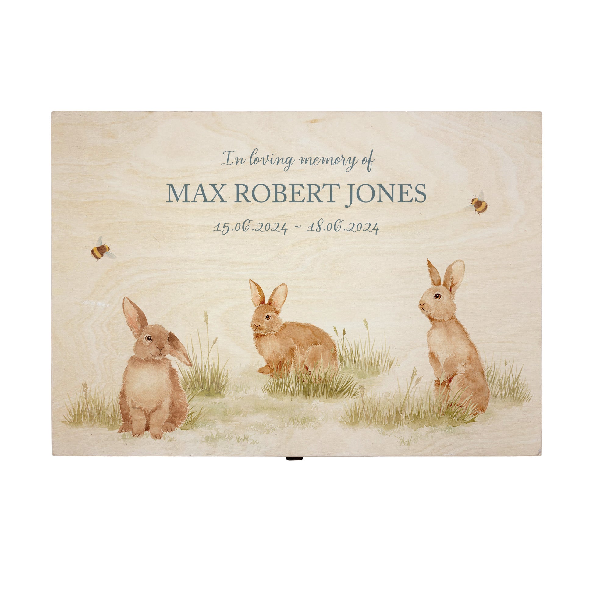 Wooden box with a decorative lid featuring illustrations Baby bunnies Perfect funeral memory keepsake box, for storing ashes, order of service, flowers and coping with baby loss capturing your loved ones things in one place 