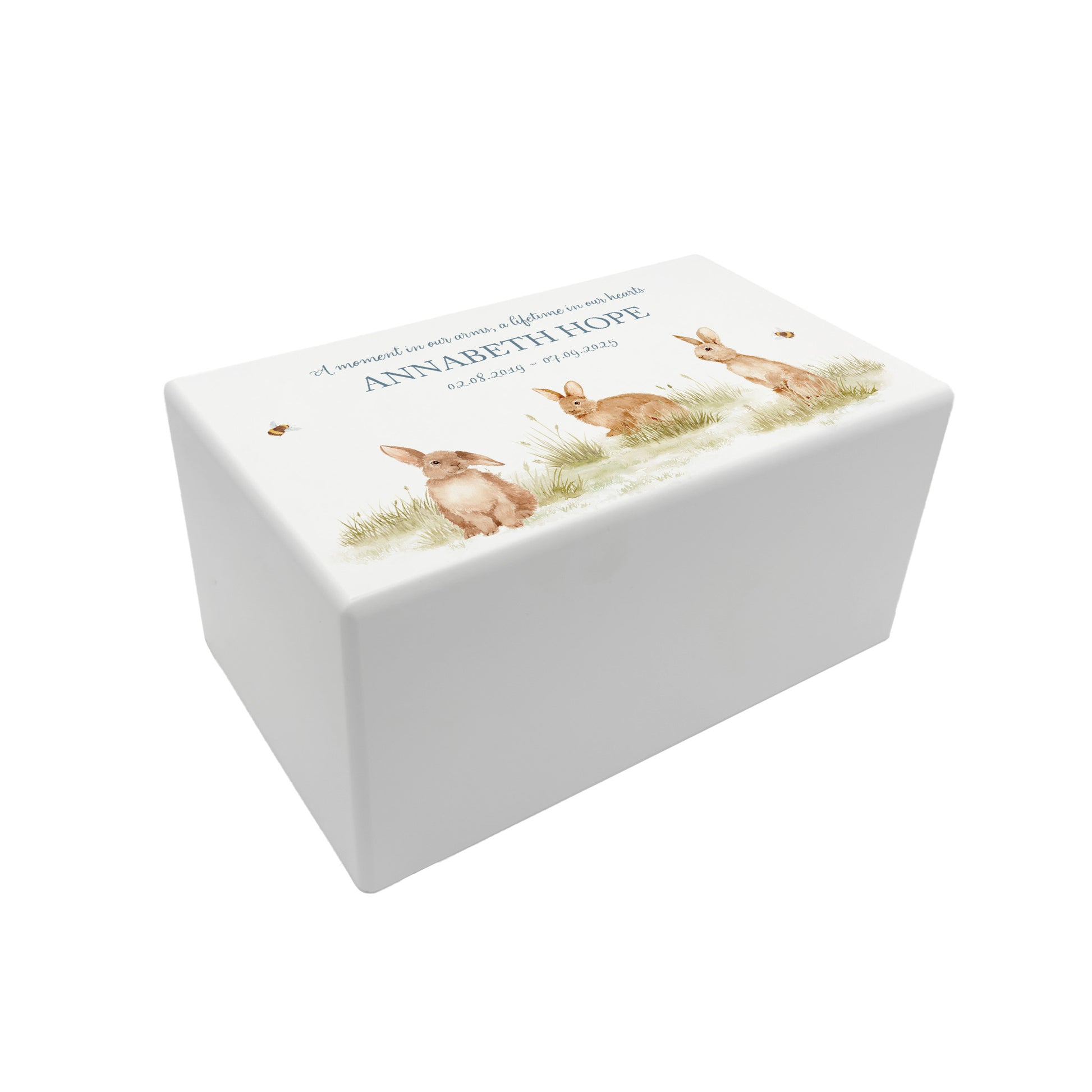 Luxury solid wooden white painted Urn ,  Featuring Baby Bunnies, A watercolour illustration, our urns and Caskets for displaying or burying ashes. Customisable and can be personalised. Perfect funeral memory keepsake urn, for storing ashes for humans and pets. Coping with baby loss, baby memorial