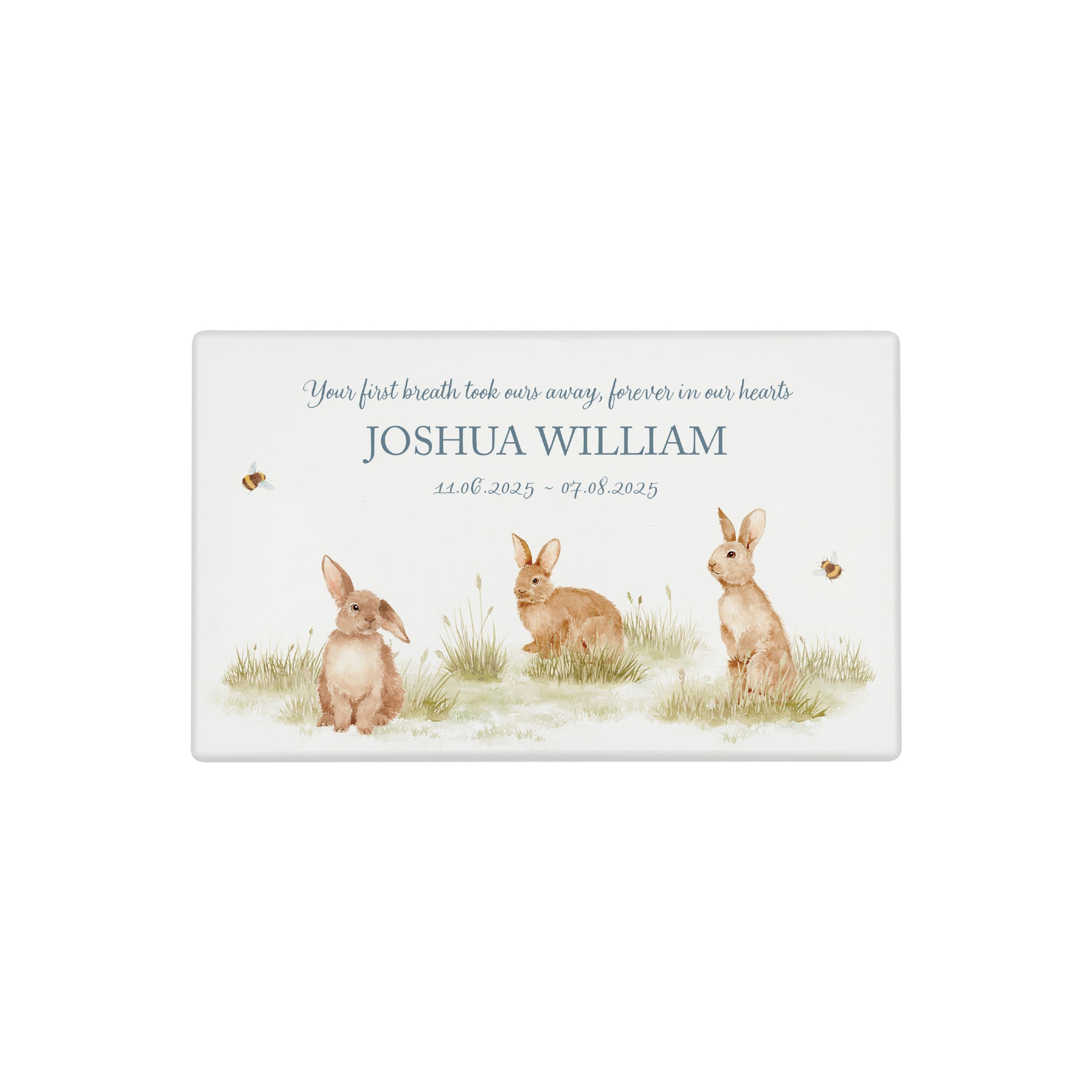 Luxury solid wooden white painted Urn ,  Featuring Baby Bunnies, A watercolour illustration, our urns and Caskets for displaying or burying ashes. Customisable and can be personalised. Perfect funeral memory keepsake urn, for storing ashes for humans and pets. Coping with baby loss, baby memorial