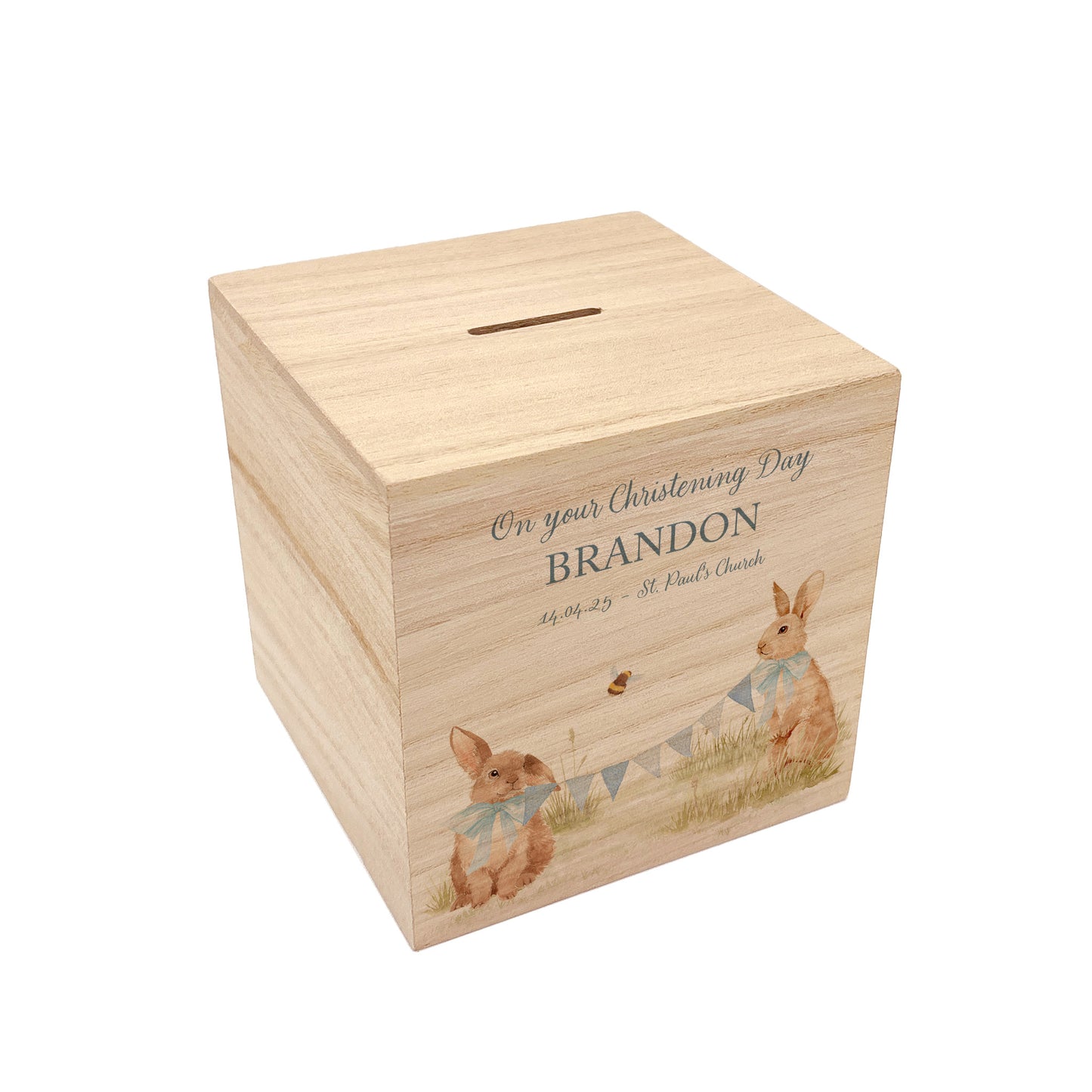 handmade baby money box with watercolour animals for birthday gift, baby bunnies in the Humble Hares classic style, the perfect personalised gift. 