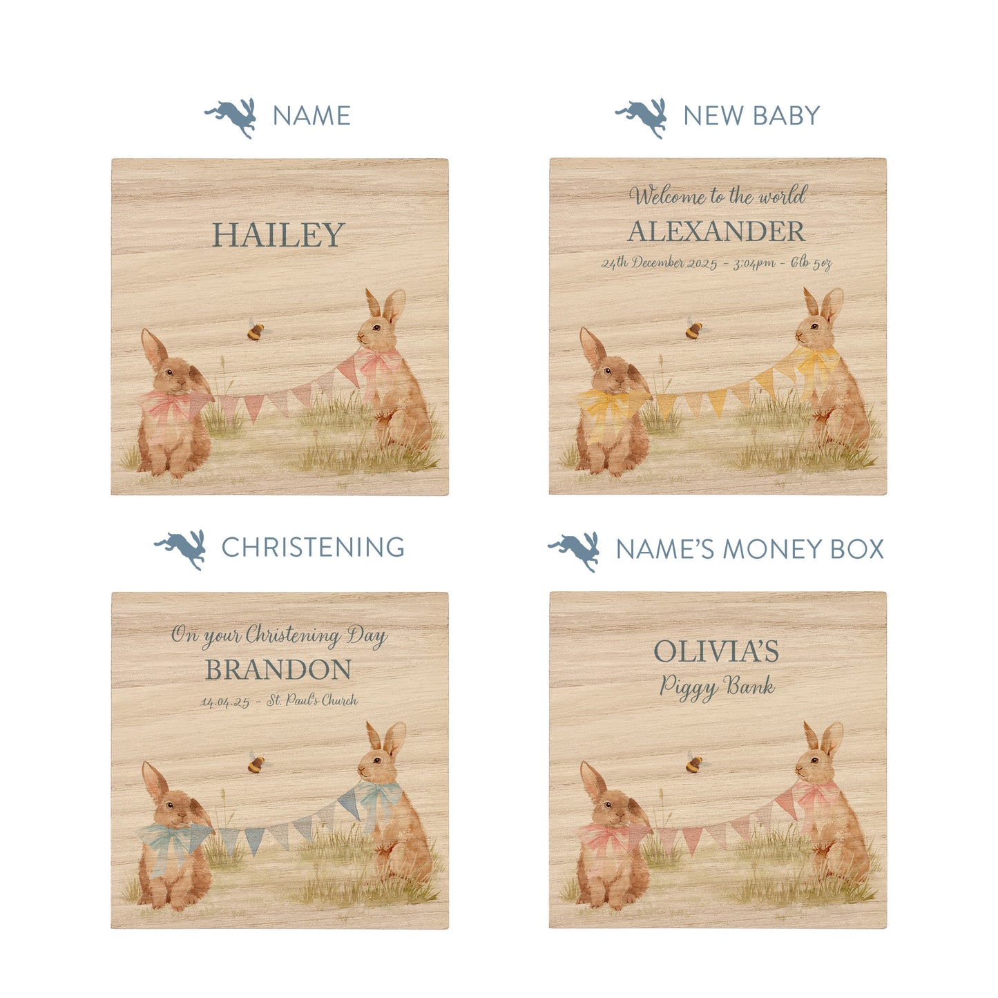 handmade baby money box with watercolour animals for birthday gift, baby bunnies in the Humble Hares classic style, the perfect personalised gift. 