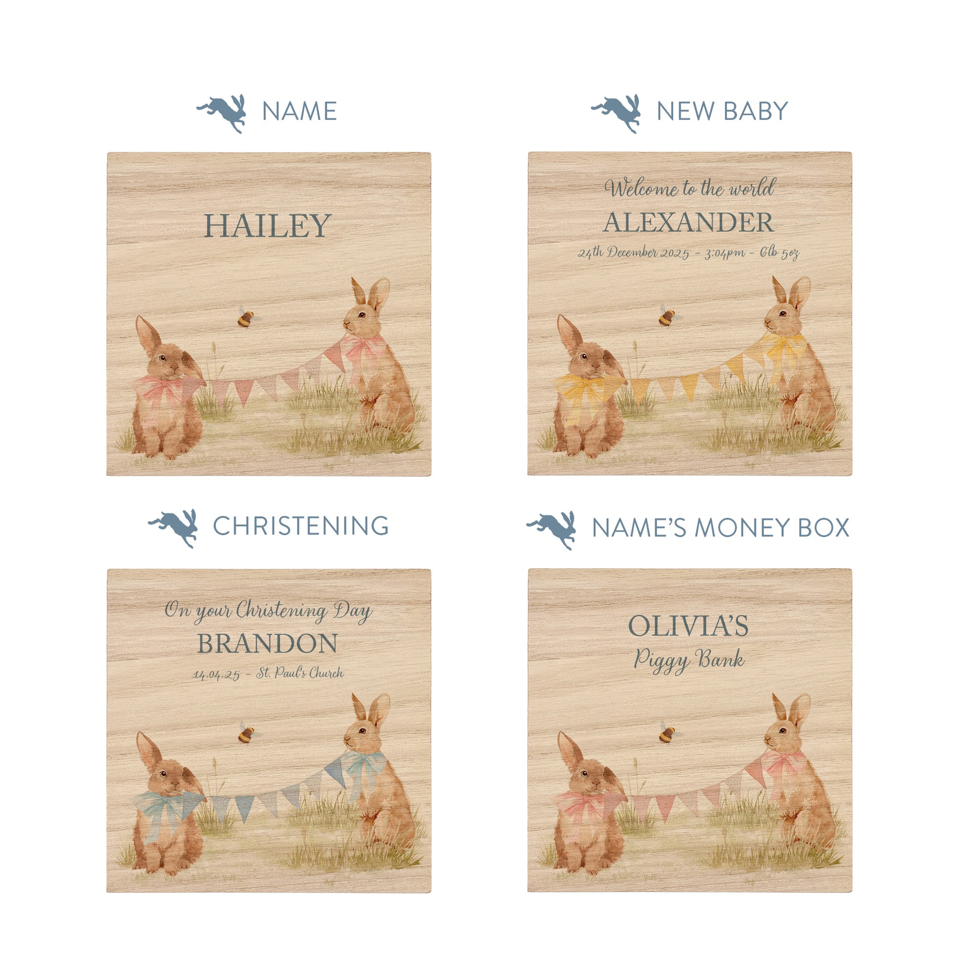 handmade baby money box with watercolour animals for birthday gift, baby bunnies in the Humble Hares classic style, the perfect personalised gift. 