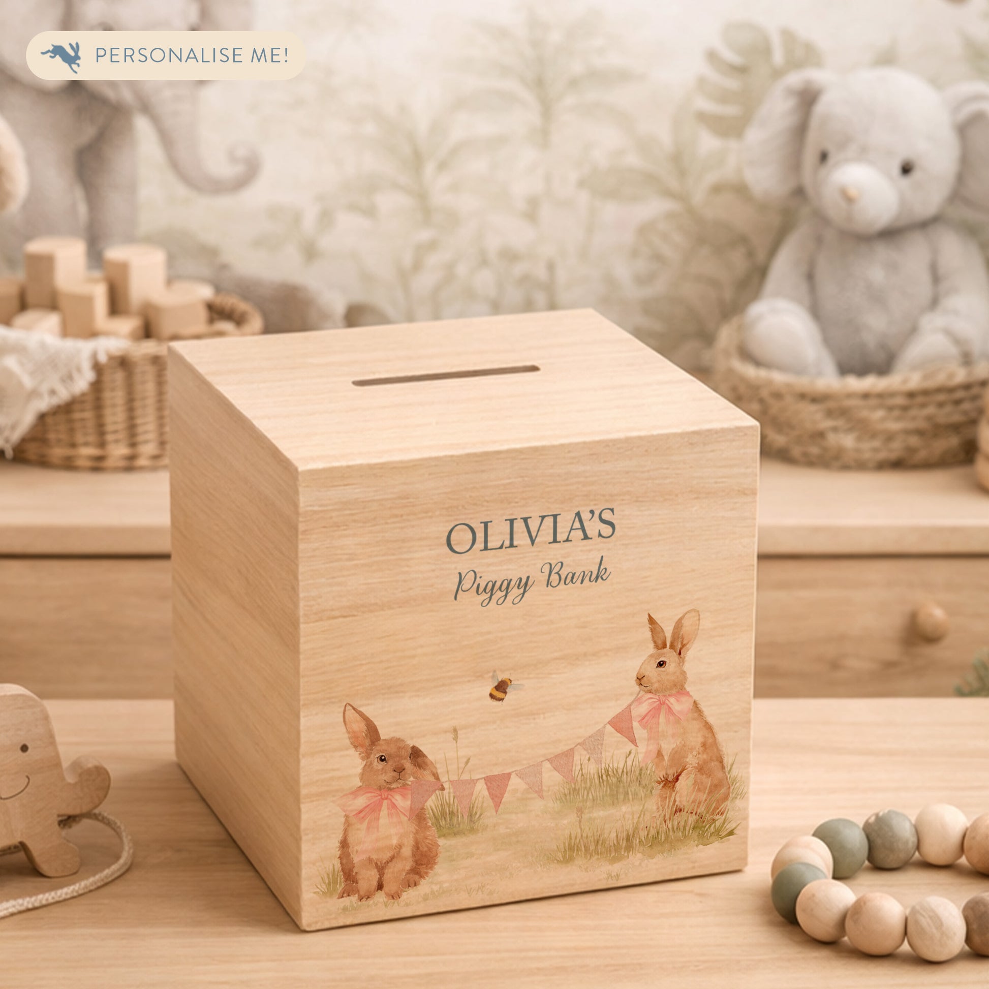 handmade baby money box with watercolour animals for birthday gift, baby bunnies in the Humble Hares classic style, the perfect personalised gift. 