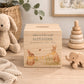handmade baby money box with watercolour animals for birthday gift, baby bunnies in the Humble Hares classic style, the perfect personalised gift. 