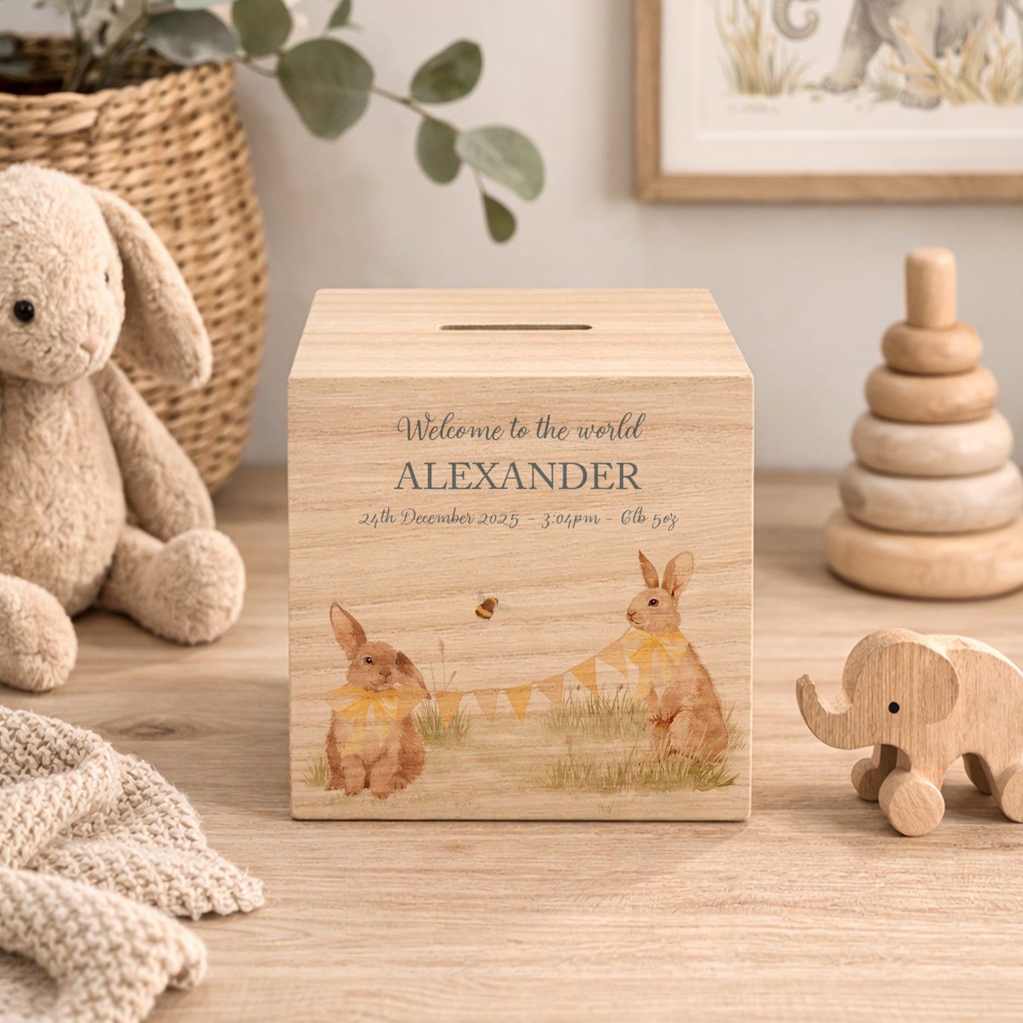 handmade baby money box with watercolour animals for birthday gift, baby bunnies in the Humble Hares classic style, the perfect personalised gift. 