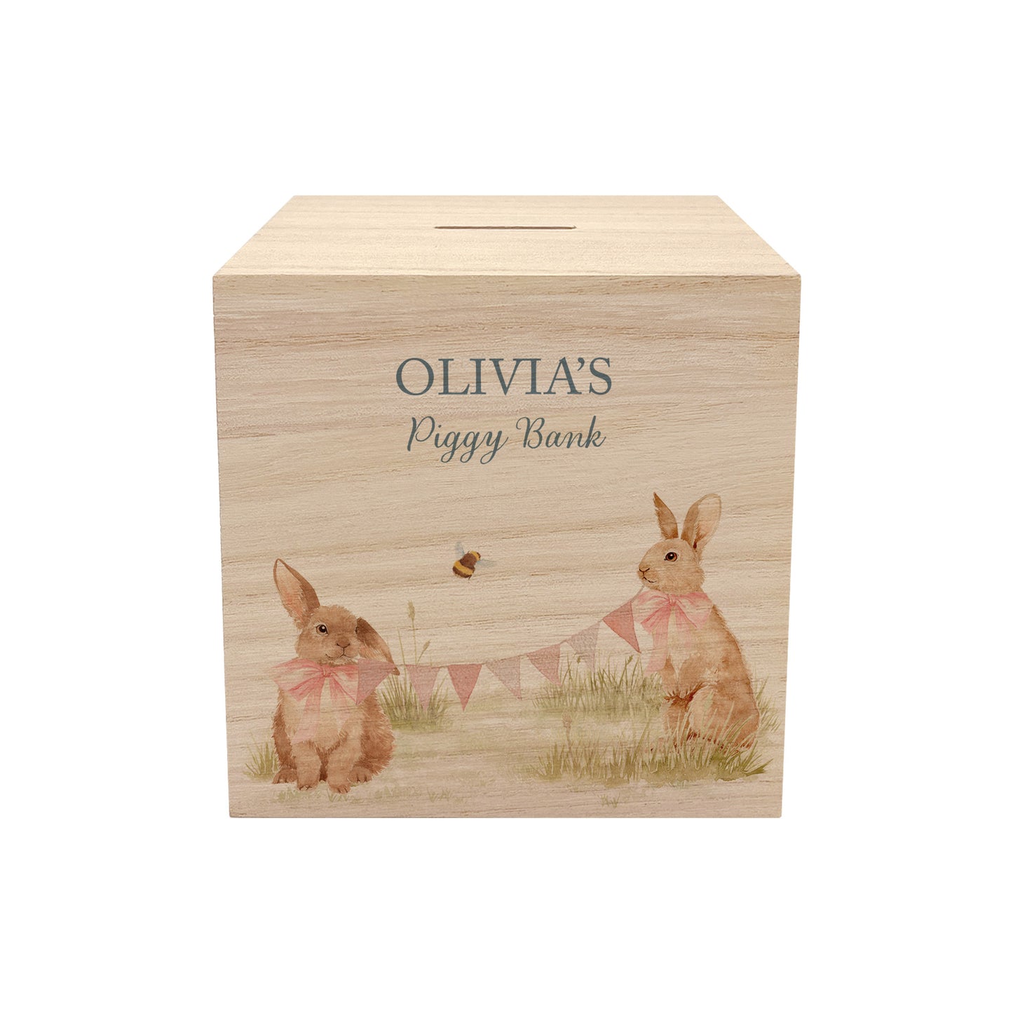 handmade baby money box with watercolour animals for birthday gift, baby bunnies in the Humble Hares classic style, the perfect personalised gift. 