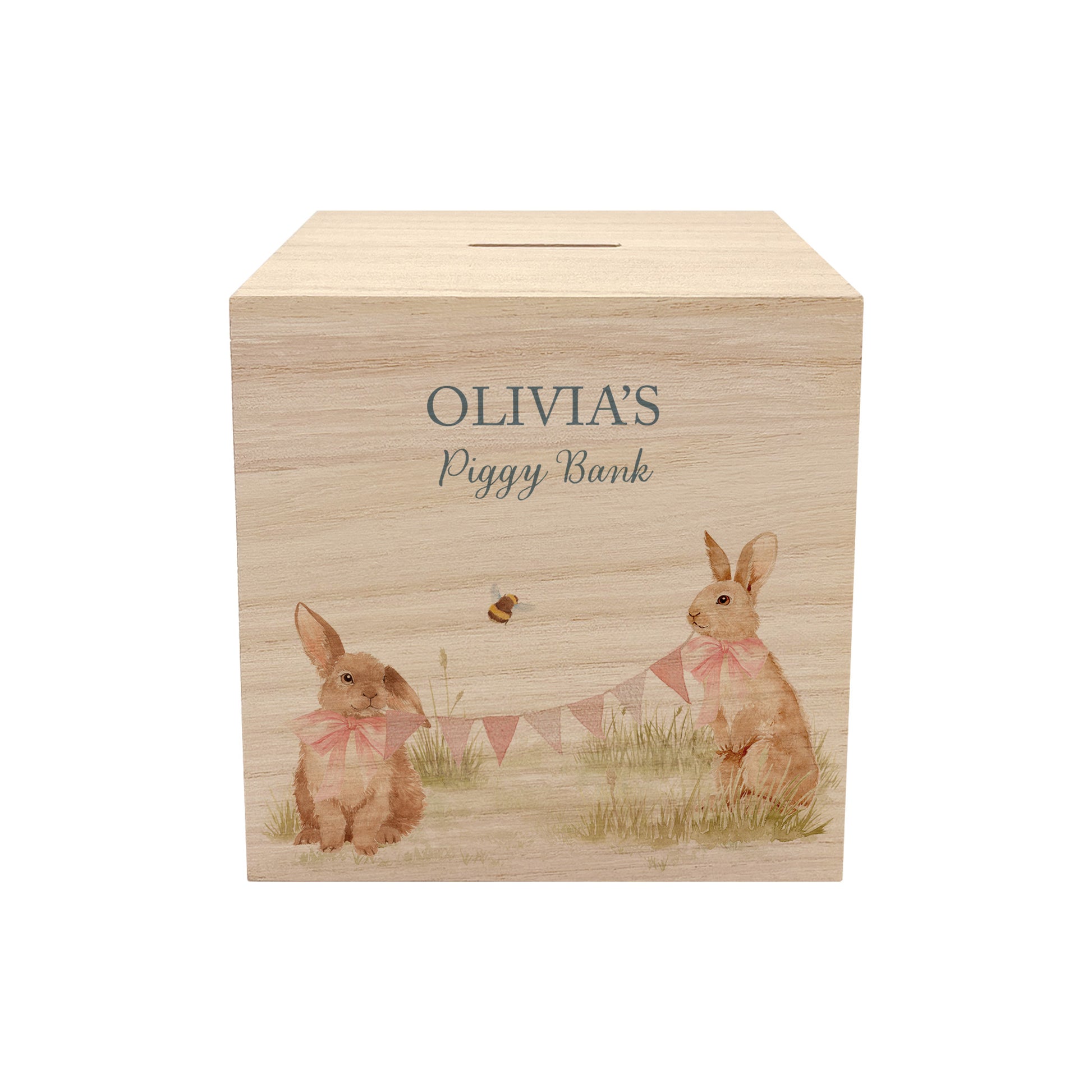 handmade baby money box with watercolour animals for birthday gift, baby bunnies in the Humble Hares classic style, the perfect personalised gift. 
