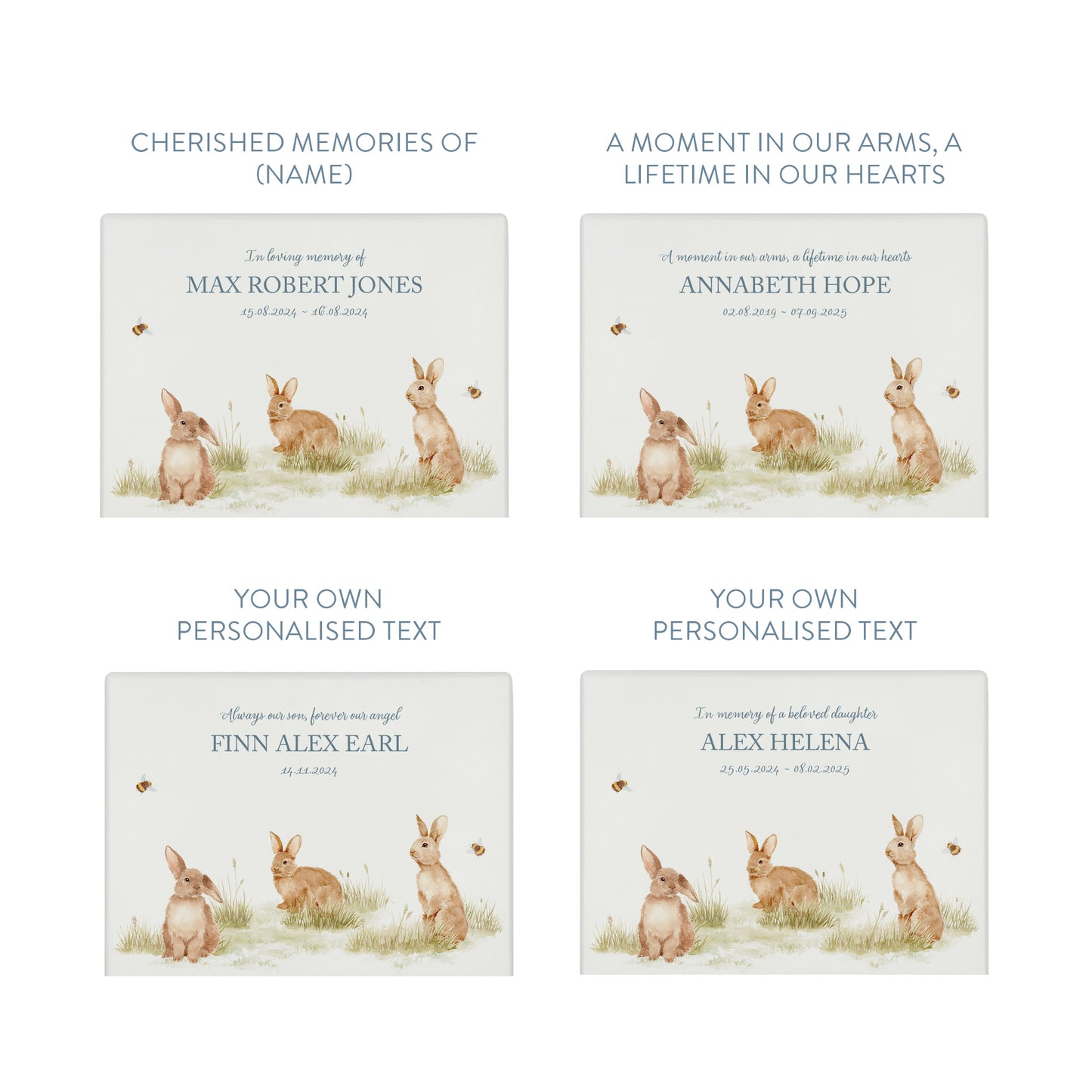 Luxury solid wooden white painted Urn  with Baby Bunnies in a meadow with Buzzy Bees in a beautiful watercolour illustration our urns and Caskets for displaying or burying ashes. Customisable and can be personalised. Perfect funeral memory keepsake urn, for storing ashes for humans and pets. Coping with baby loss. 