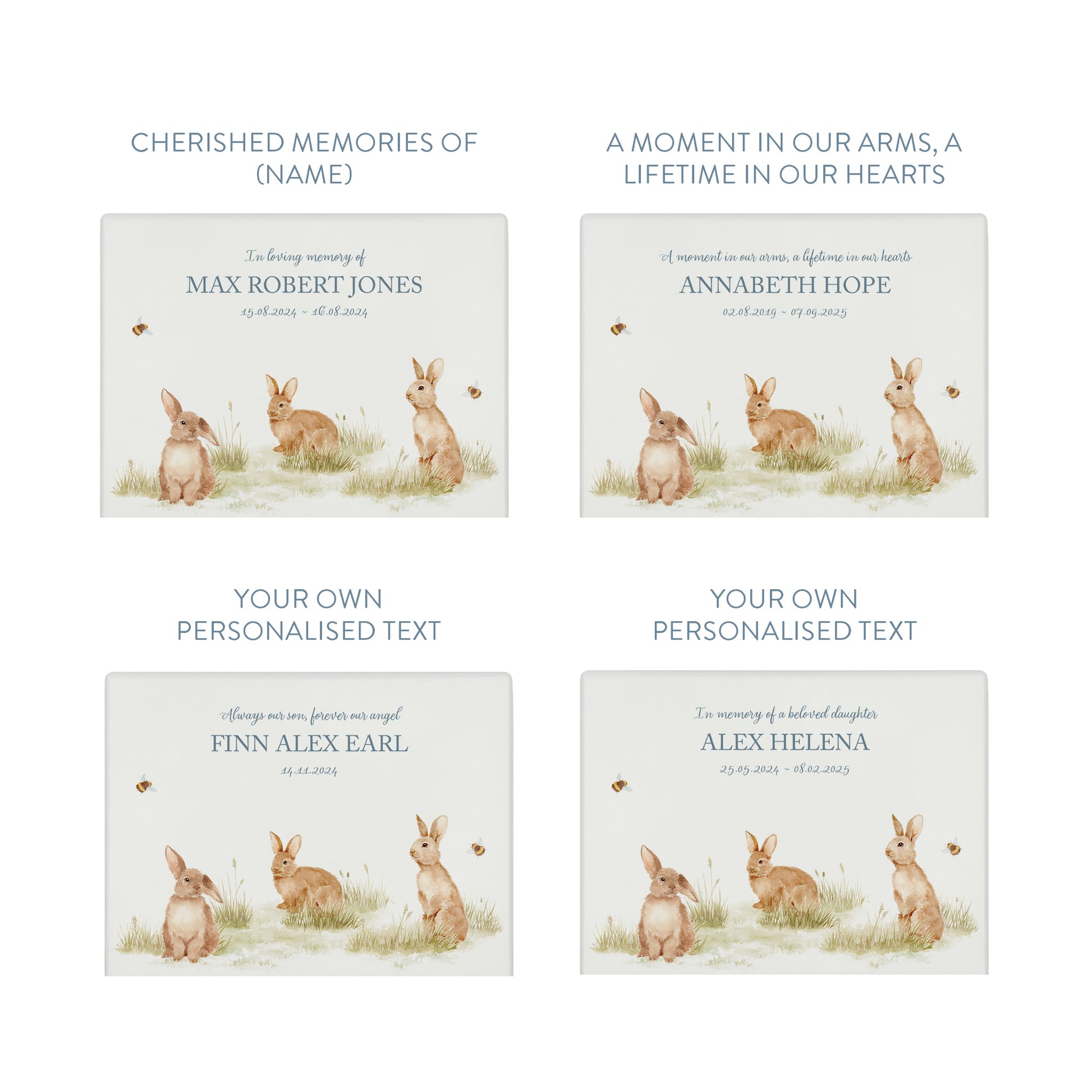 Luxury solid wooden white painted Urn  with Baby Bunnies in a meadow with Buzzy Bees in a beautiful watercolour illustration our urns and Caskets for displaying or burying ashes. Customisable and can be personalised. Perfect funeral memory keepsake urn, for storing ashes for humans and pets. Coping with baby loss. 