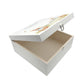 A personalised white wooden baby keepsake gift box with a watercolour bunny design. The box is shown with the lid open to show the solid wood box interior.