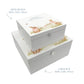 Two white wooden keepsake baby gift boxes stacked on top of each other to show the sizes available. The boxes are personalised with custom text and feature a baby bunny watercolour design.