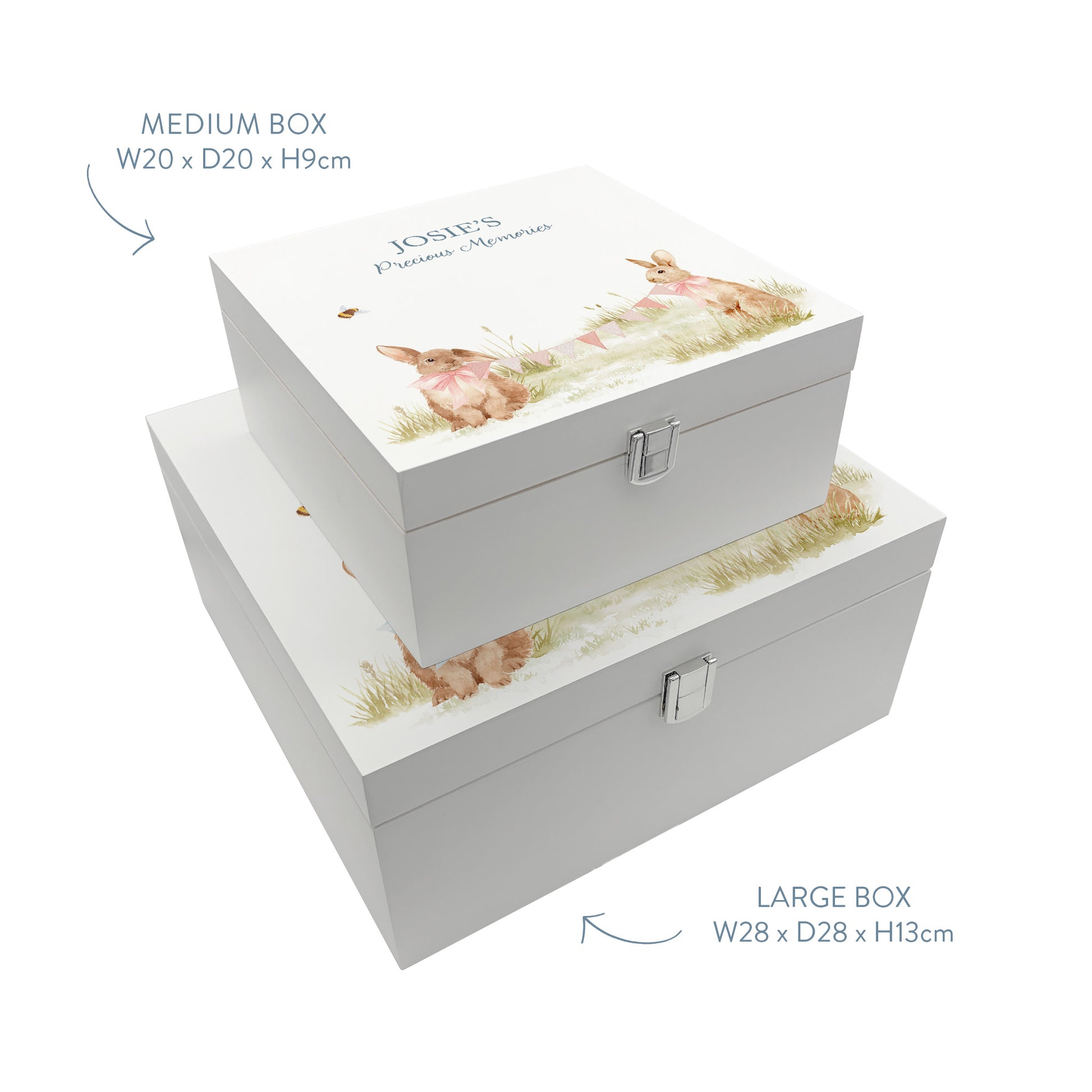 Two white wooden keepsake baby gift boxes stacked on top of each other to show the sizes available. The boxes are personalised with custom text and feature a baby bunny watercolour design.