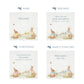 Personalisation options for a white wooden baby gift box with a baby bunny design. The image shows the personalised phrase options available for baby shower, christenings, and nursery storage.