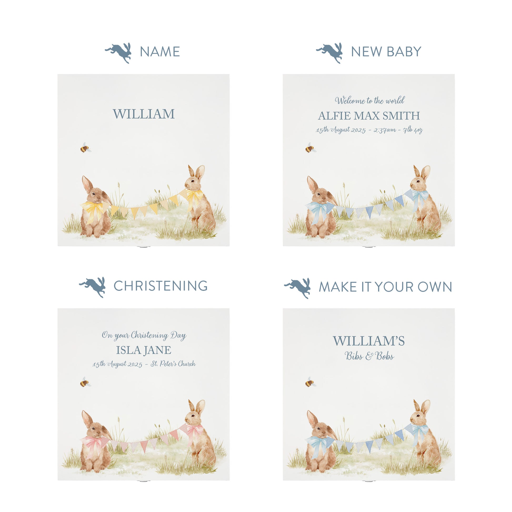 Personalisation options for a white wooden baby gift box with a baby bunny design. The image shows the personalised phrase options available for baby shower, christenings, and nursery storage.