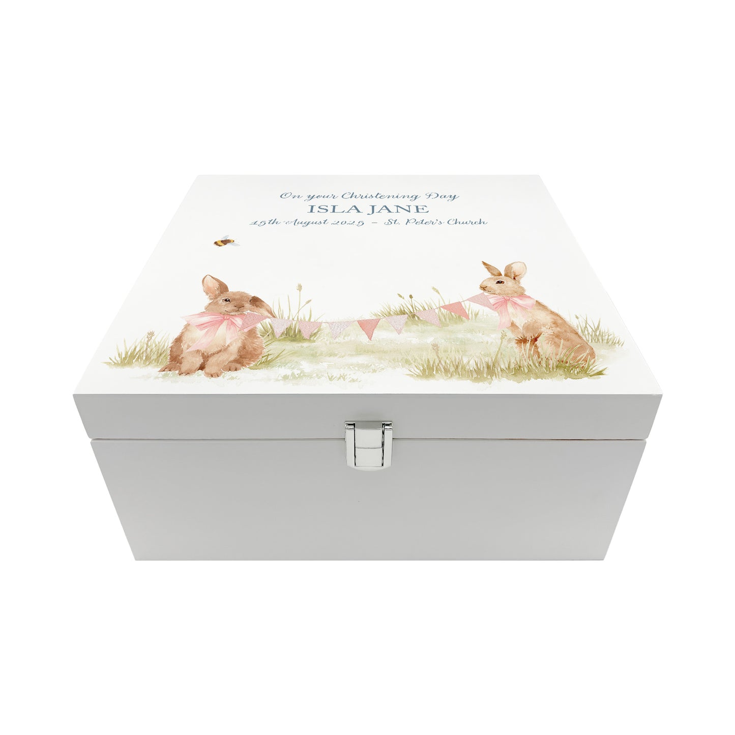 A personalised white wooden baby keepsake gift box with a watercolour bunny design. Ideal for new baby gifts, christenings, birthdays, memory box, and nursery storage.