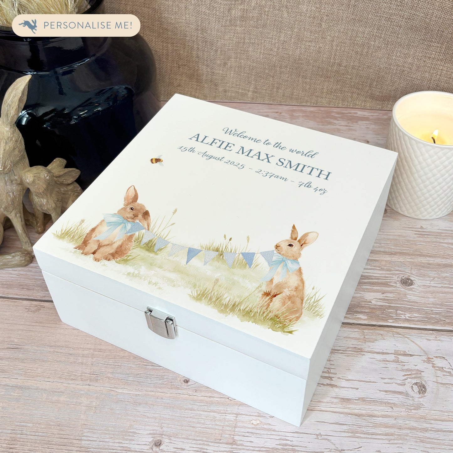 A white wooden keepsake box featuring a sweet baby bunny design. The box can be personalised with a name or special message, making it a truly unique and heartfelt gift for any occasion
