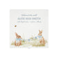 The top of a personalised white wooden baby keepsake gift box with a watercolour bunny design. Ideal for new baby gifts, christenings, birthdays, memory box, and nursery storage.