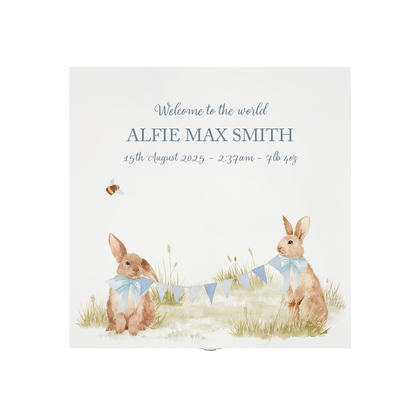 The top of a personalised white wooden baby keepsake gift box with a watercolour bunny design. Ideal for new baby gifts, christenings, birthdays, memory box, and nursery storage.