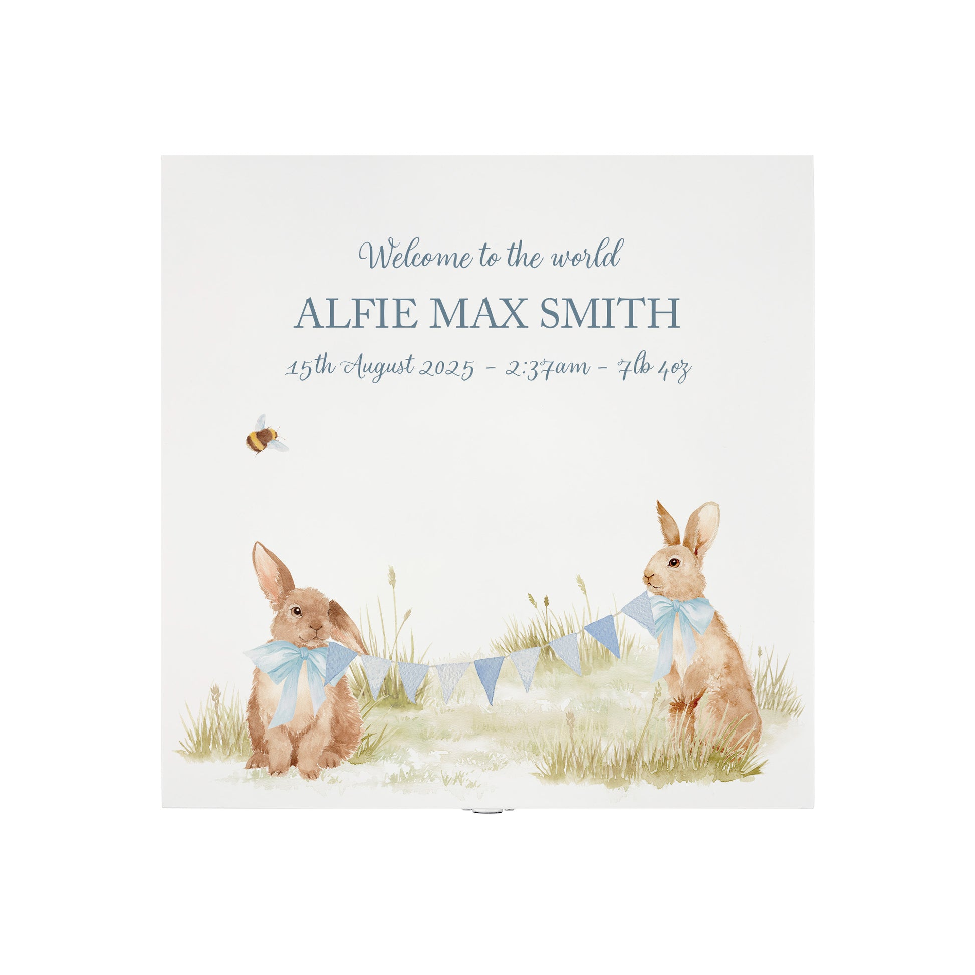 The top of a personalised white wooden baby keepsake gift box with a watercolour bunny design. Ideal for new baby gifts, christenings, birthdays, memory box, and nursery storage.