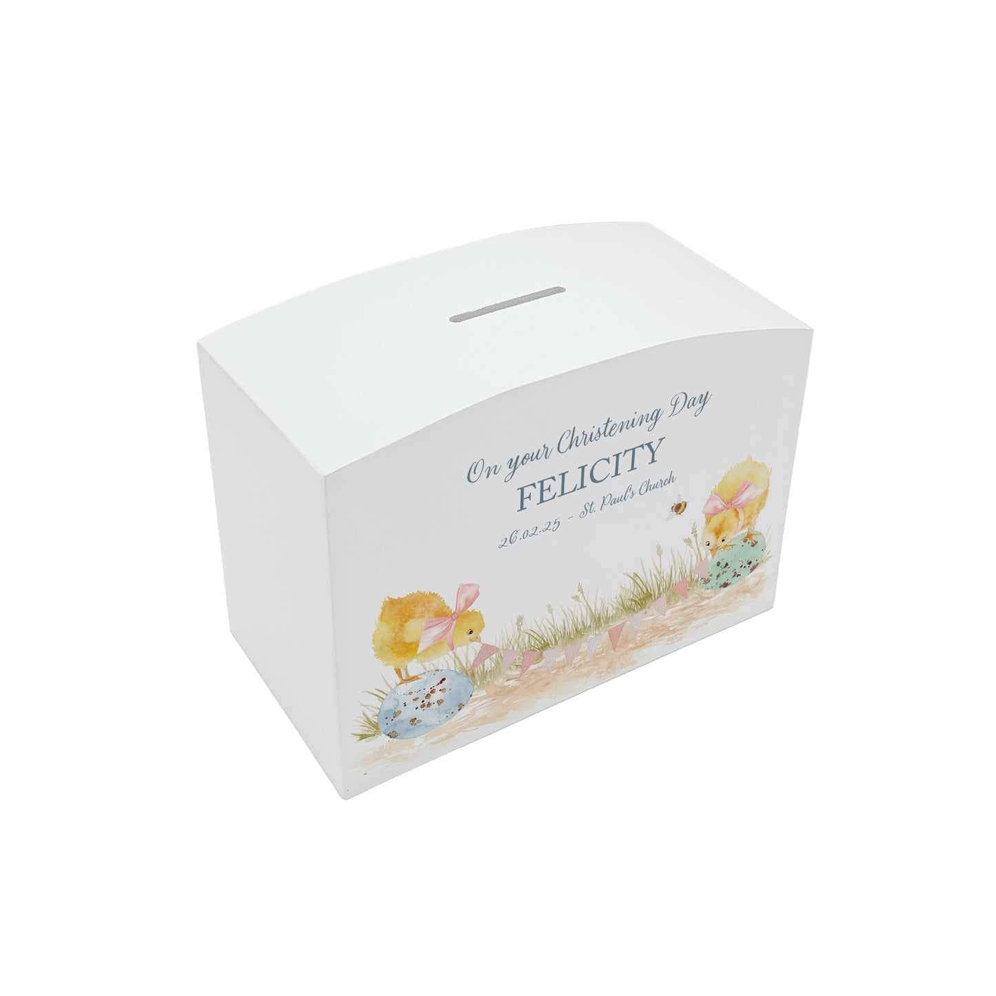 personalised children's money box, the perfect keepsake for birthday, new baby and Christening. This Design features baby chicks.  