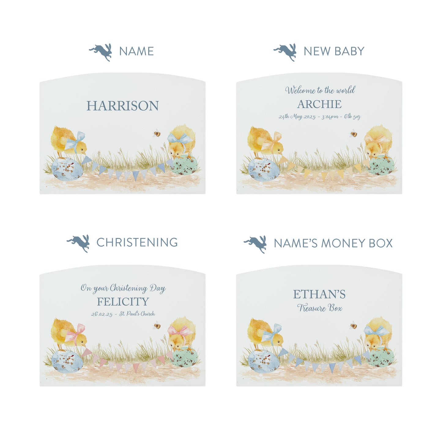 personalised children's money box, the perfect keepsake for birthday, new baby and Christening. This Design features baby chicks.  