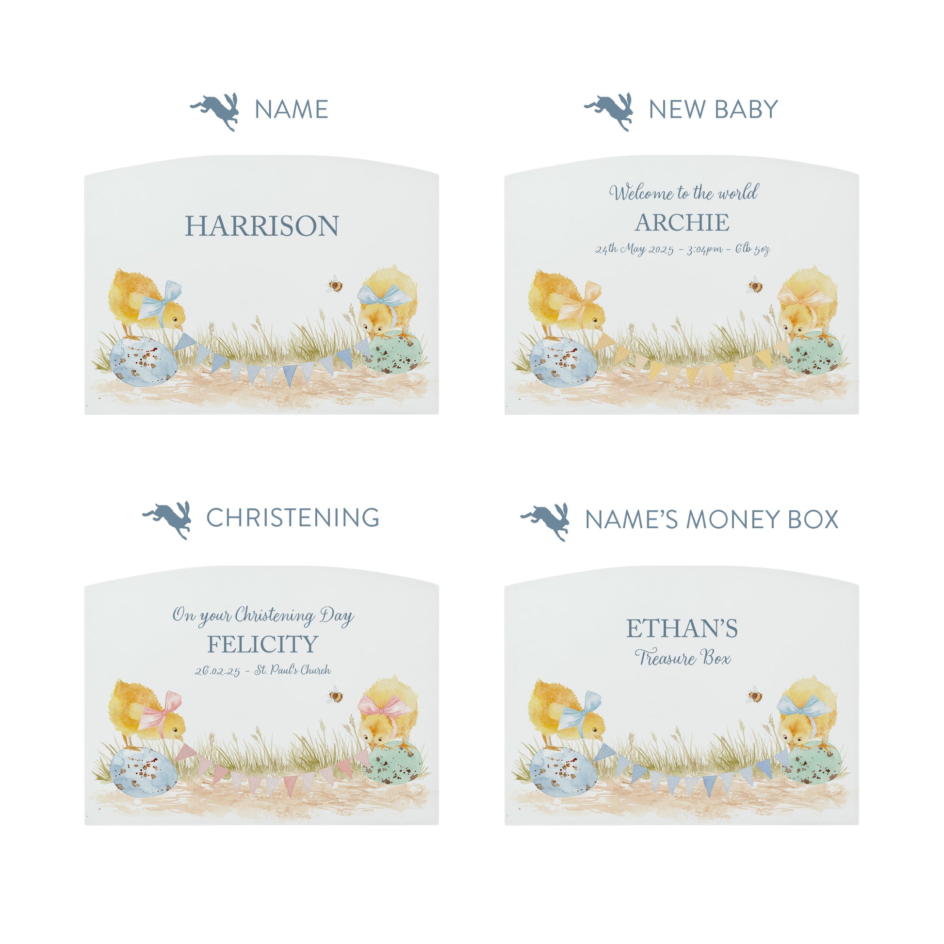 personalised children's money box, the perfect keepsake for birthday, new baby and Christening. This Design features baby chicks.  