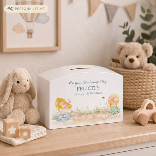 personalised children's money box, the perfect keepsake for birthday, new baby and Christening. This Design features baby chicks.  