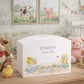 personalised children's money box, the perfect keepsake for birthday, new baby and Christening. This Design features baby chicks.  