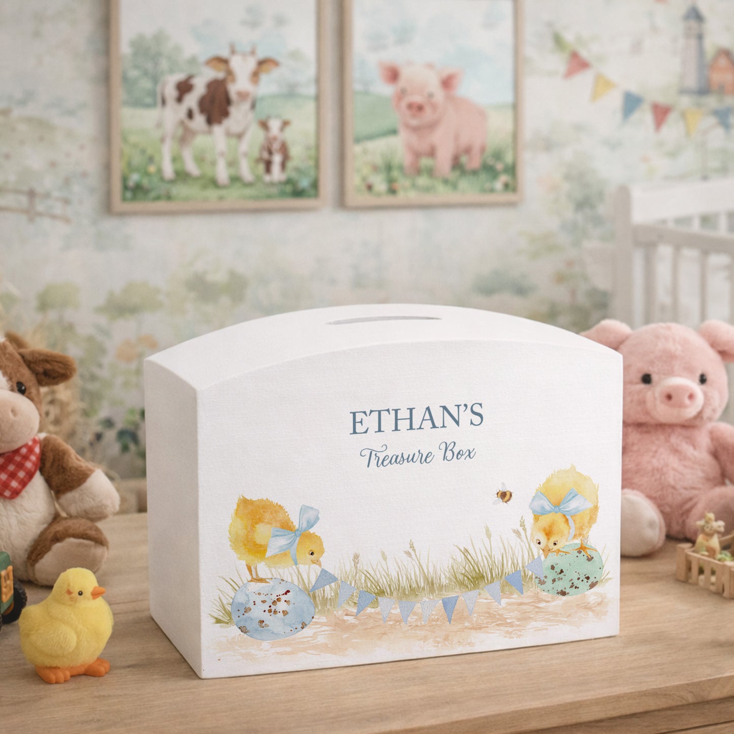 personalised children's money box, the perfect keepsake for birthday, new baby and Christening. This Design features baby chicks.  