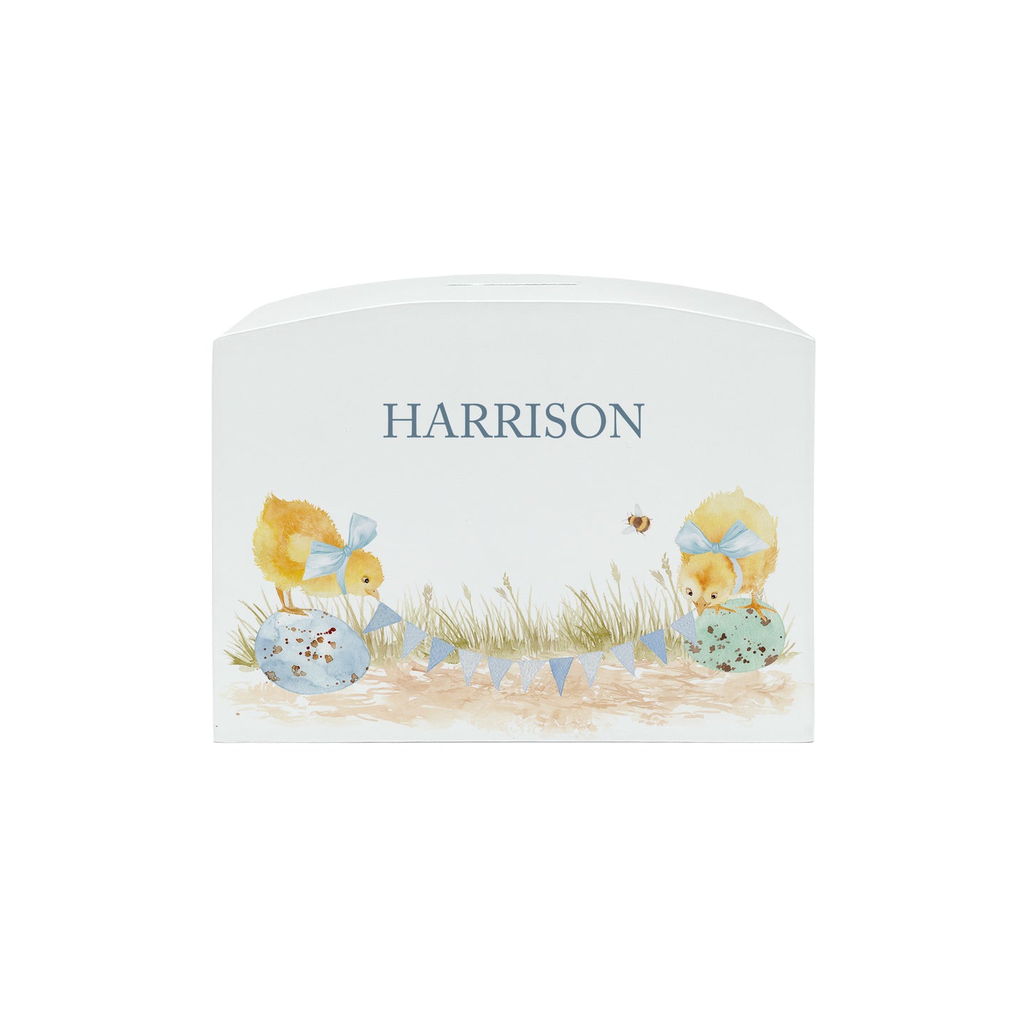 personalised children's money box, the perfect keepsake for birthday, new baby and Christening. This Design features baby chicks.  