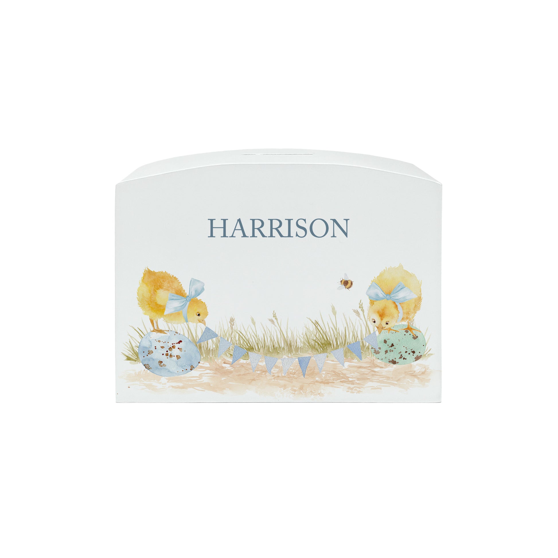 personalised children's money box, the perfect keepsake for birthday, new baby and Christening. This Design features baby chicks.  