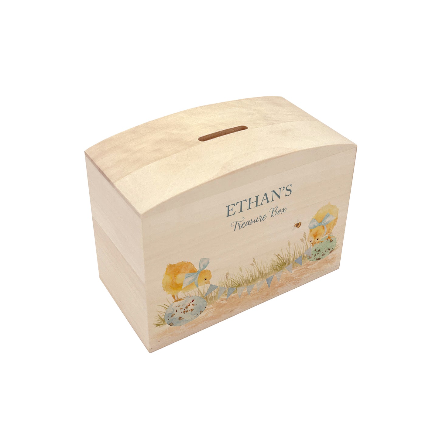 Chicks with bunting and bows in a water colour design, the perfect money box for your little savers. Newborn, birthday and christening gift. 