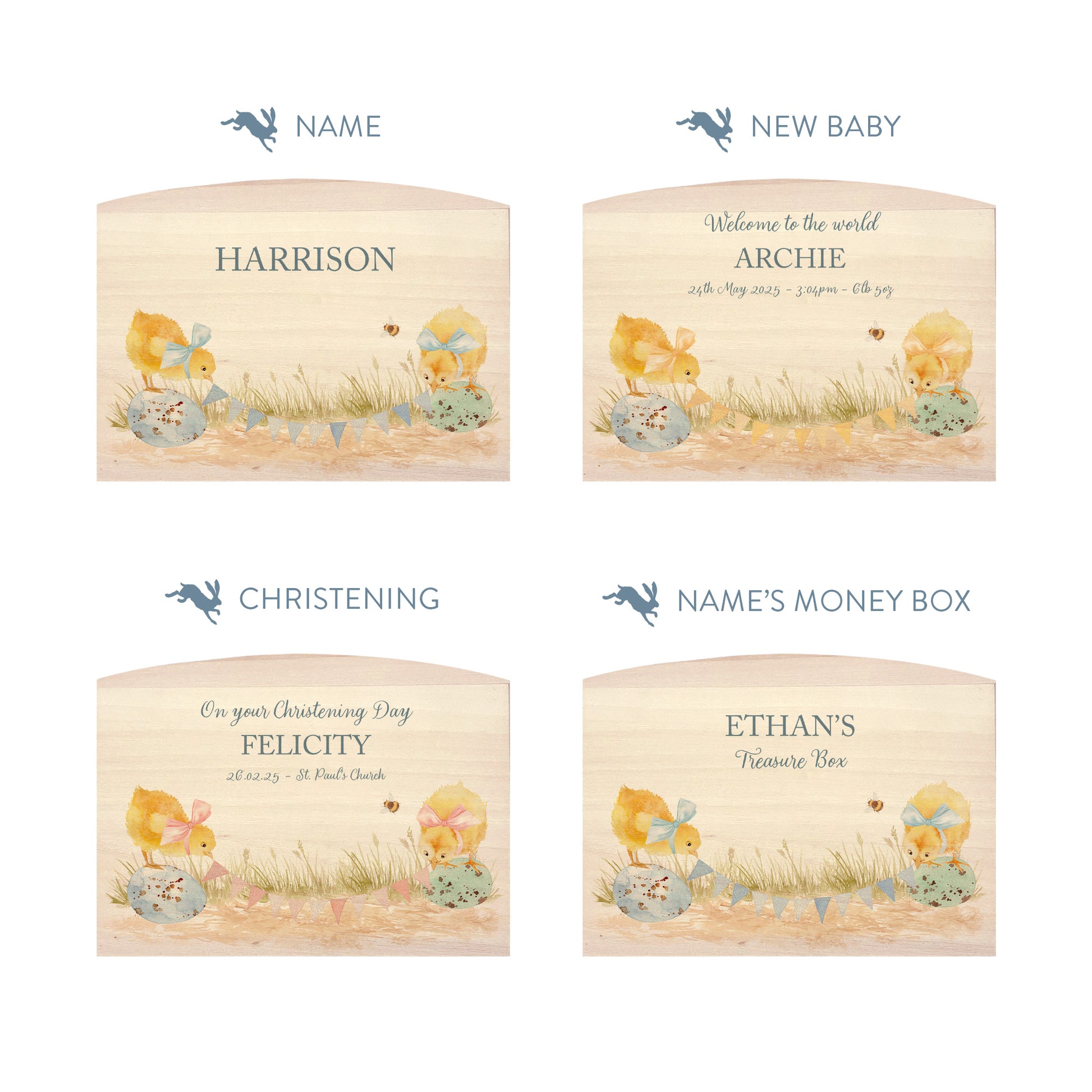 Chicks with bunting and bows in a water colour design, the perfect money box for your little savers. Newborn, birthday and christening gift. 