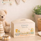 Chicks with bunting and bows in a water colour design, the perfect money box for your little savers. Newborn, birthday and christening gift. 
