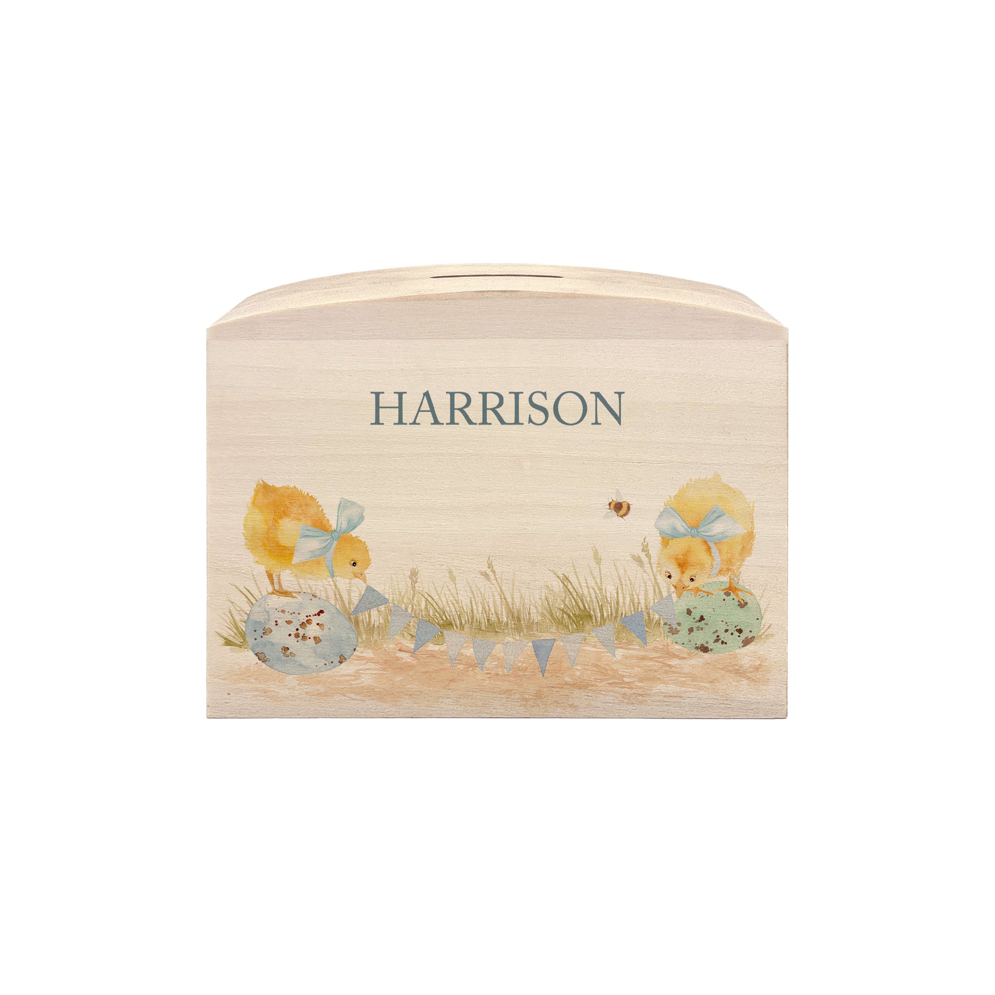 Chicks with bunting and bows in a water colour design, the perfect money box for your little savers. Newborn, birthday and christening gift. 