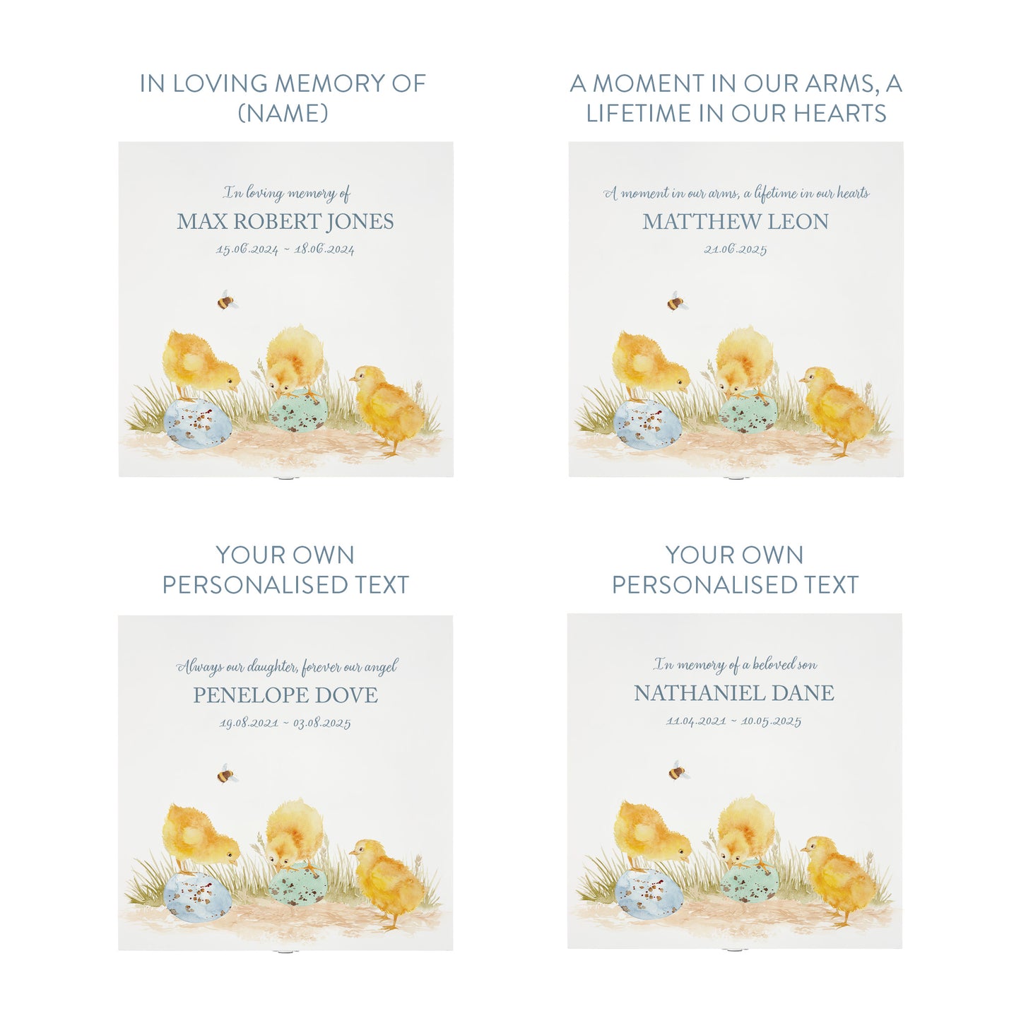 White Square personalised Wooden box with a decorative lid featuring illustrations Baby Chicks Perfect funeral memory keepsake box, for storing ashes, order of service, flowers and coping with baby loss capturing your loved ones things in one place. 