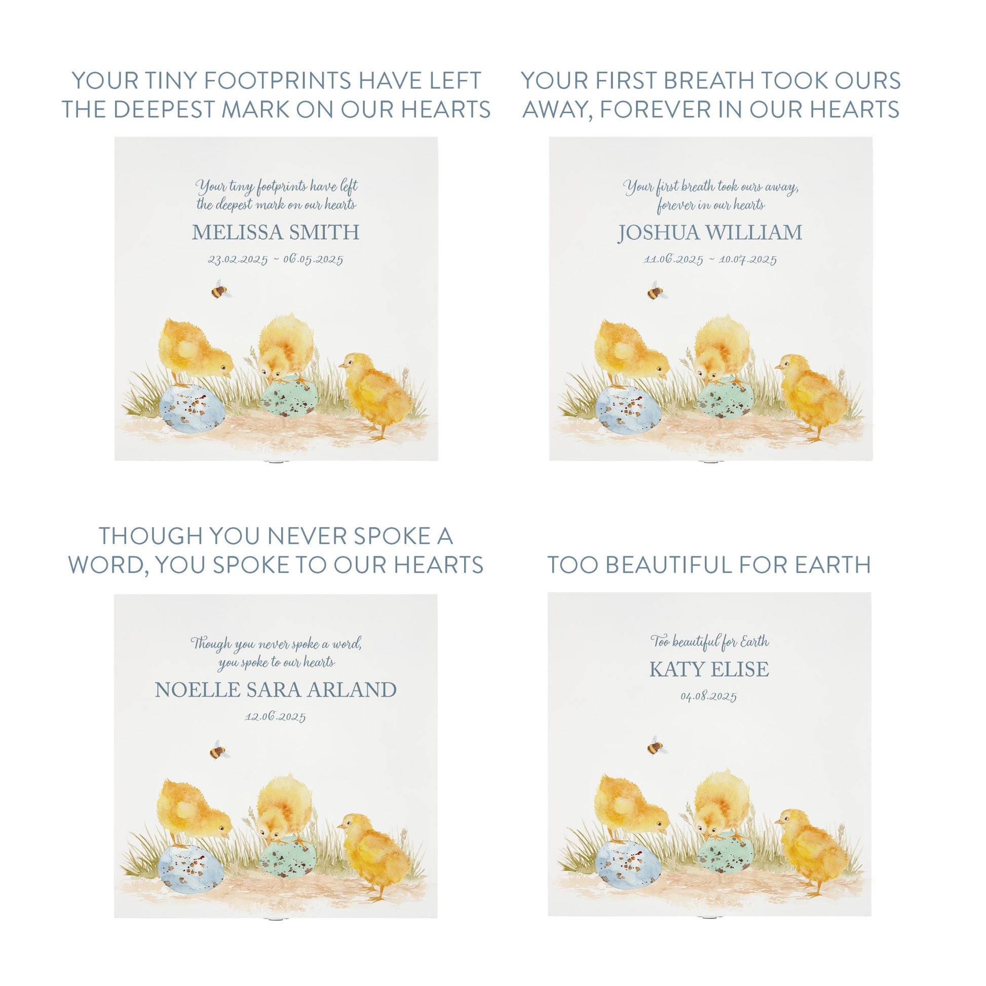 White Square personalised Wooden box with a decorative lid featuring illustrations Baby Chicks Perfect funeral memory keepsake box, for storing ashes, order of service, flowers and coping with baby loss capturing your loved ones things in one place. 
