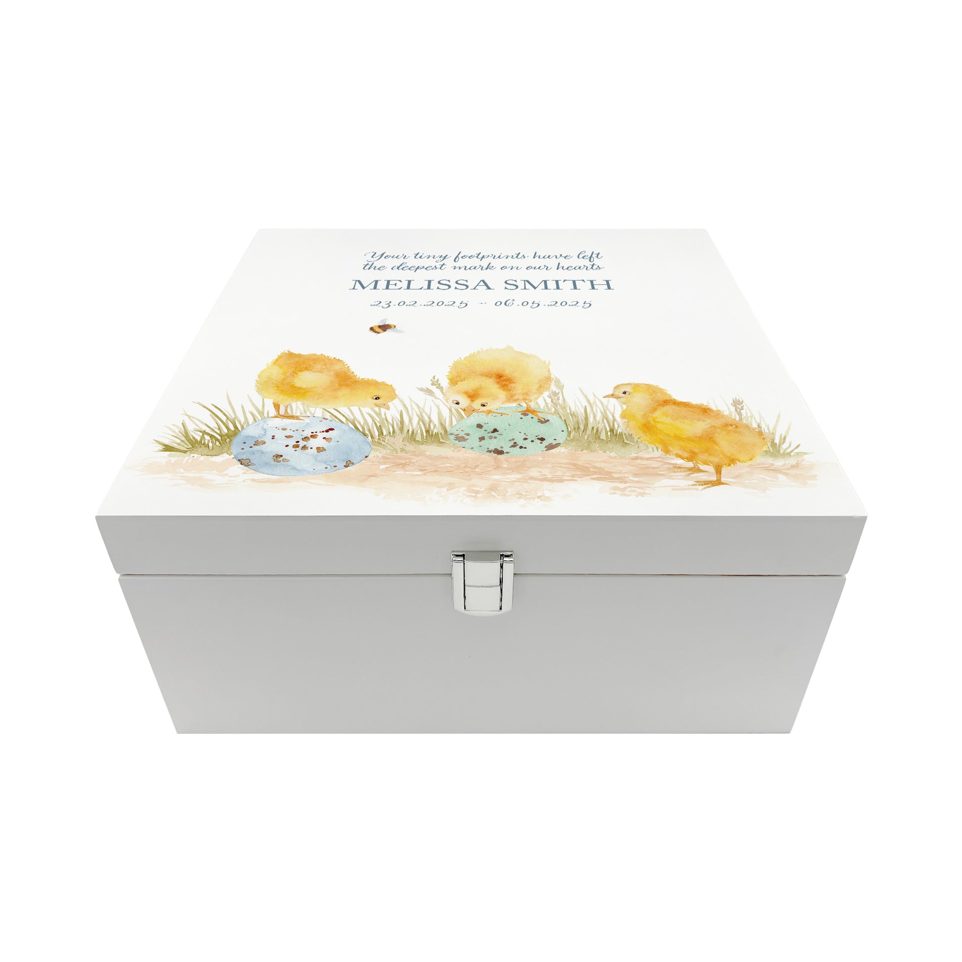 White Square personalised Wooden box with a decorative lid featuring illustrations Baby Chicks Perfect funeral memory keepsake box, for storing ashes, order of service, flowers and coping with baby loss capturing your loved ones things in one place. 
