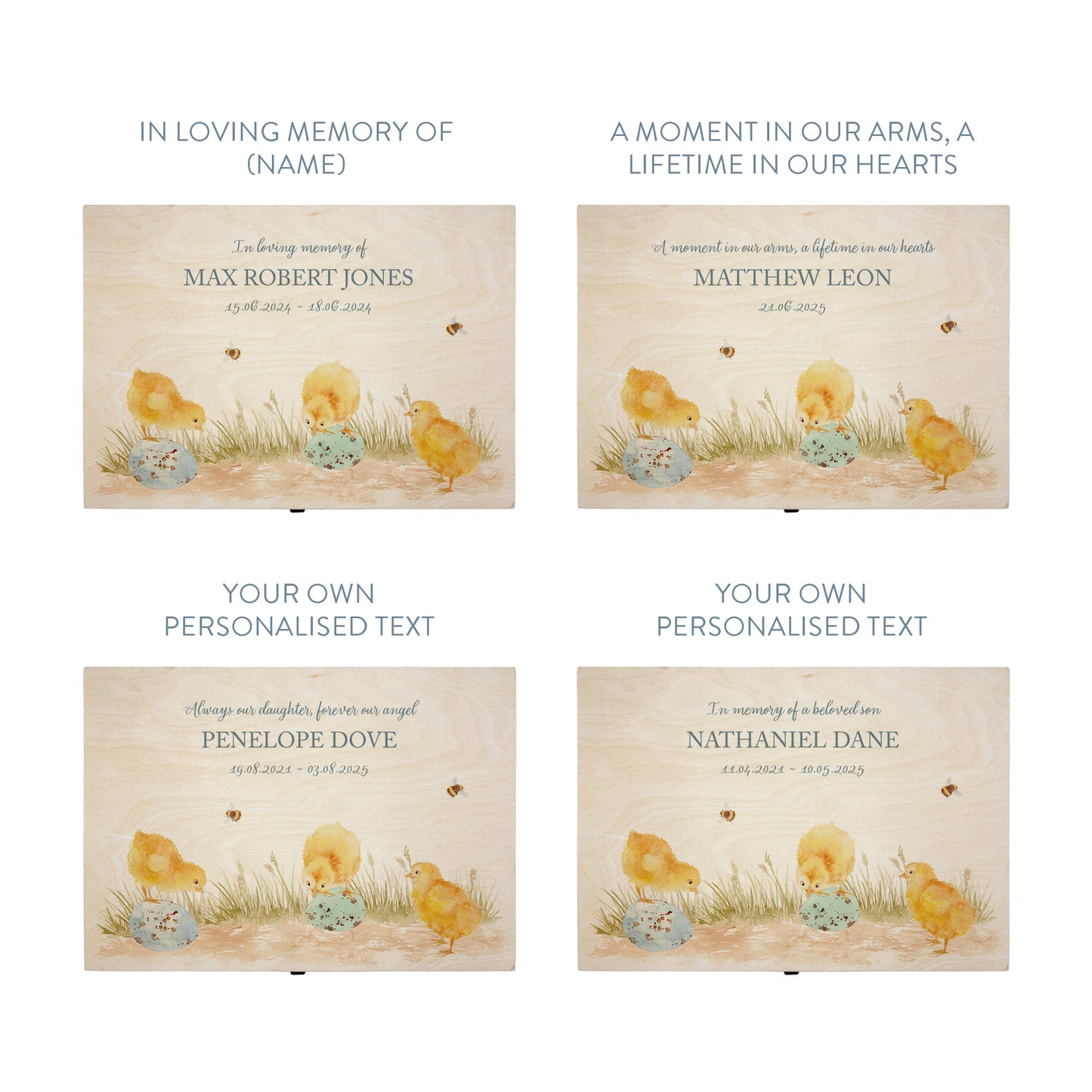 Wooden box with a decorative lid featuring illustrations Baby chicks Perfect funeral memory keepsake box, for storing ashes, order of service, flowers and coping with baby loss capturing your loved ones things in one place 